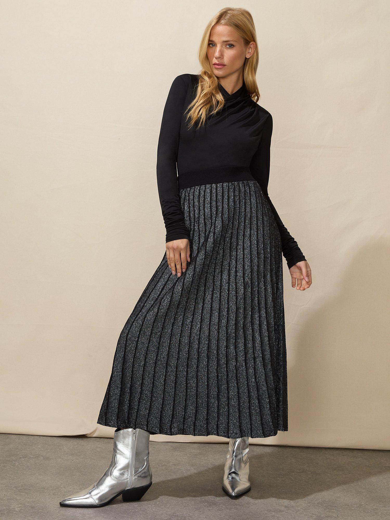 Ro Zo Knit Pleated Midi Skirt Black Silver