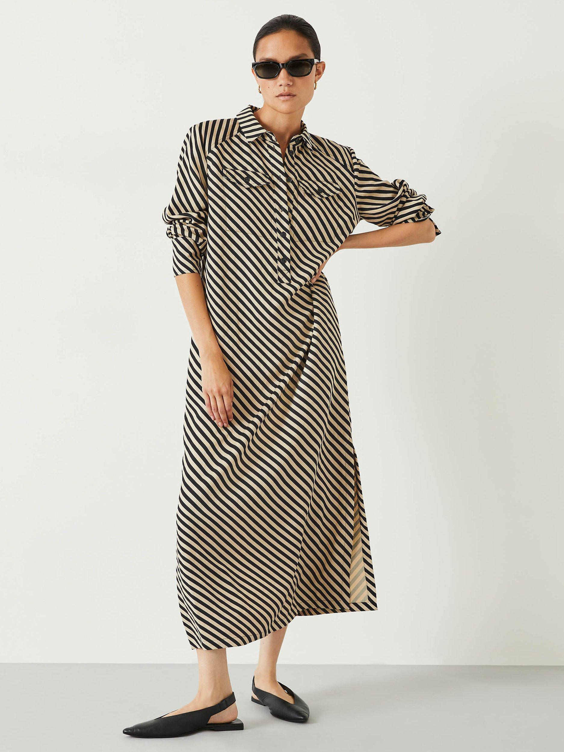 HUSH Toria Diagonal Stripe Midi Shirt Dress, Black/Cream