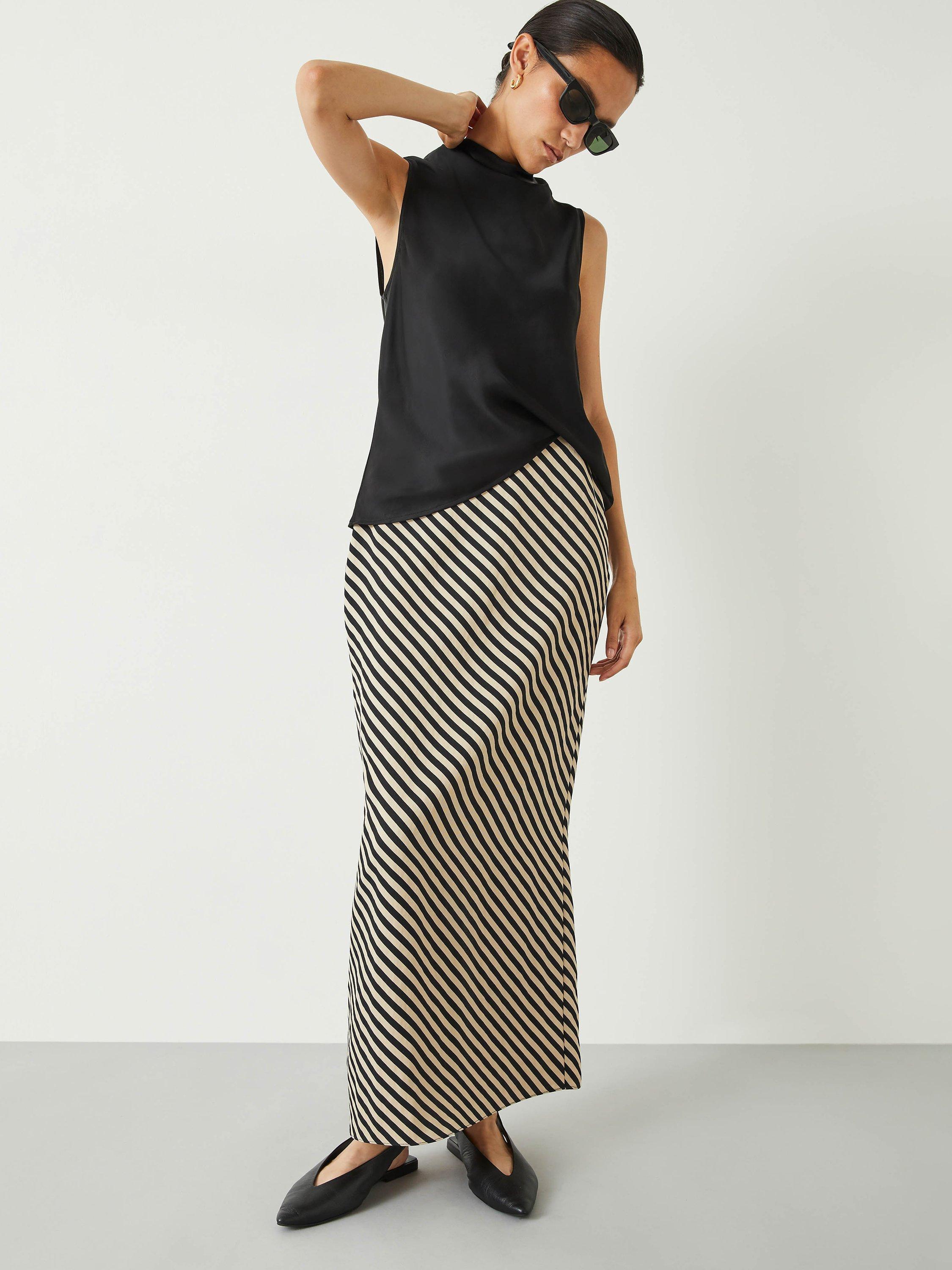 Reema Diagonal Stripe Split Maxi Skirt Black Cream