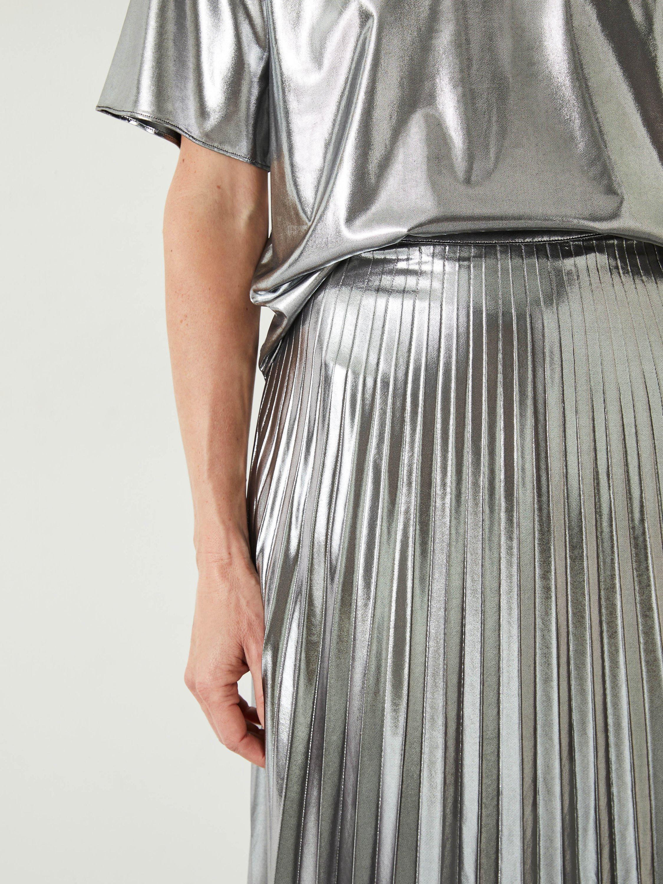 HUSH Raven Pleated Liquid Metallic Maxi Skirt Silver