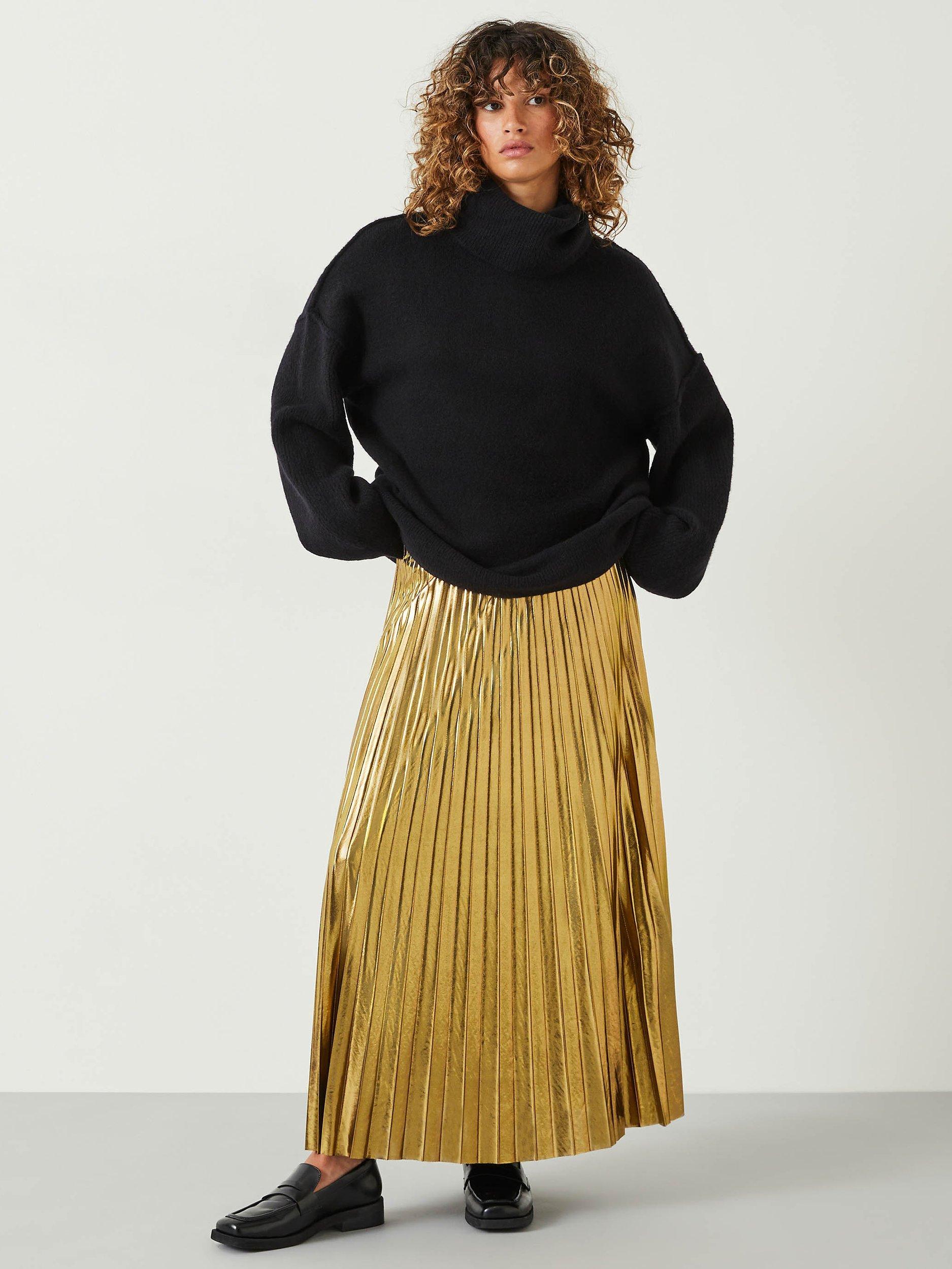 HUSH Raven Pleated Liquid Metallic Maxi Skirt, Gold, 4