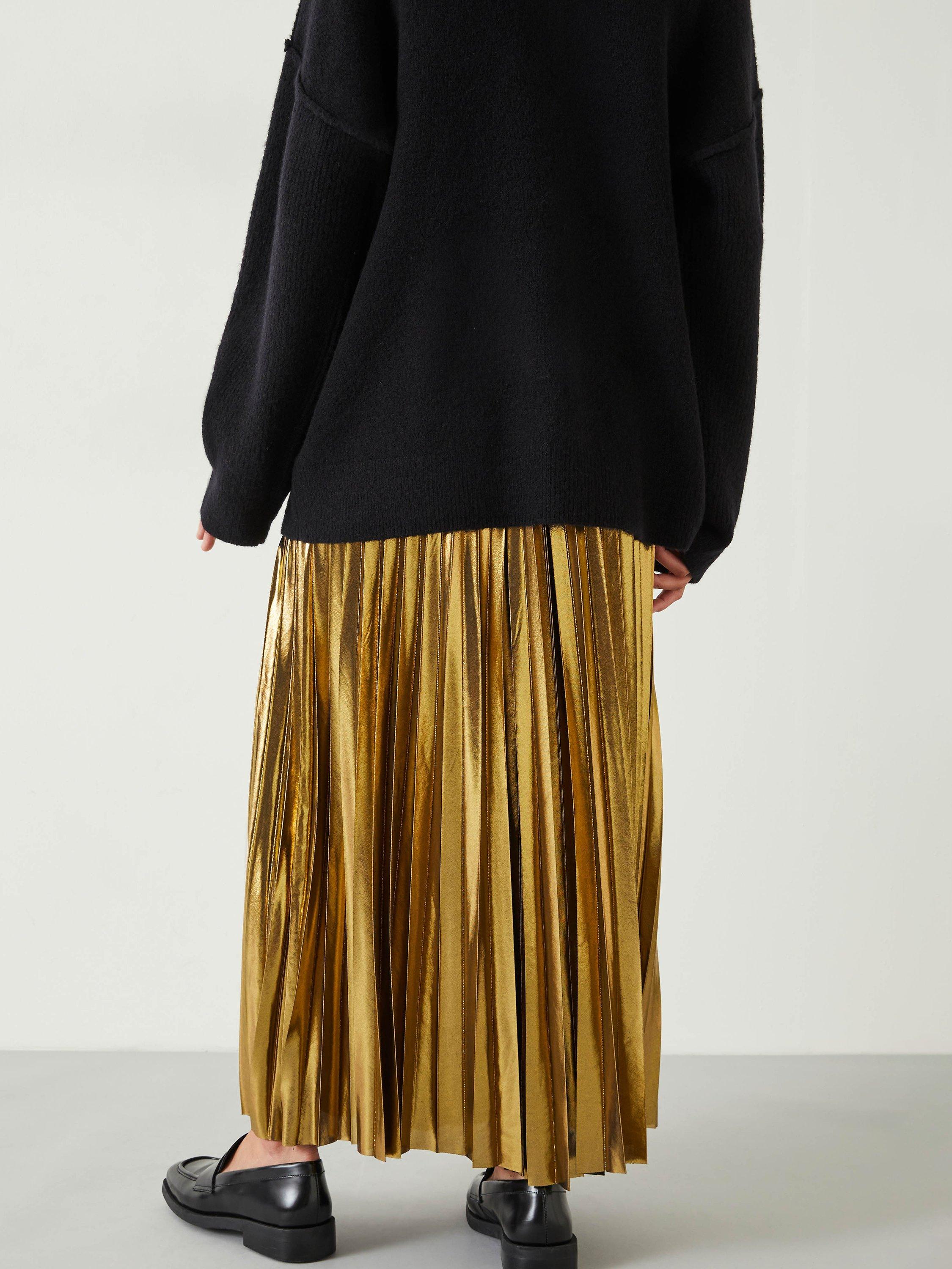 HUSH Raven Pleated Liquid Metallic Maxi Skirt, Gold, 4