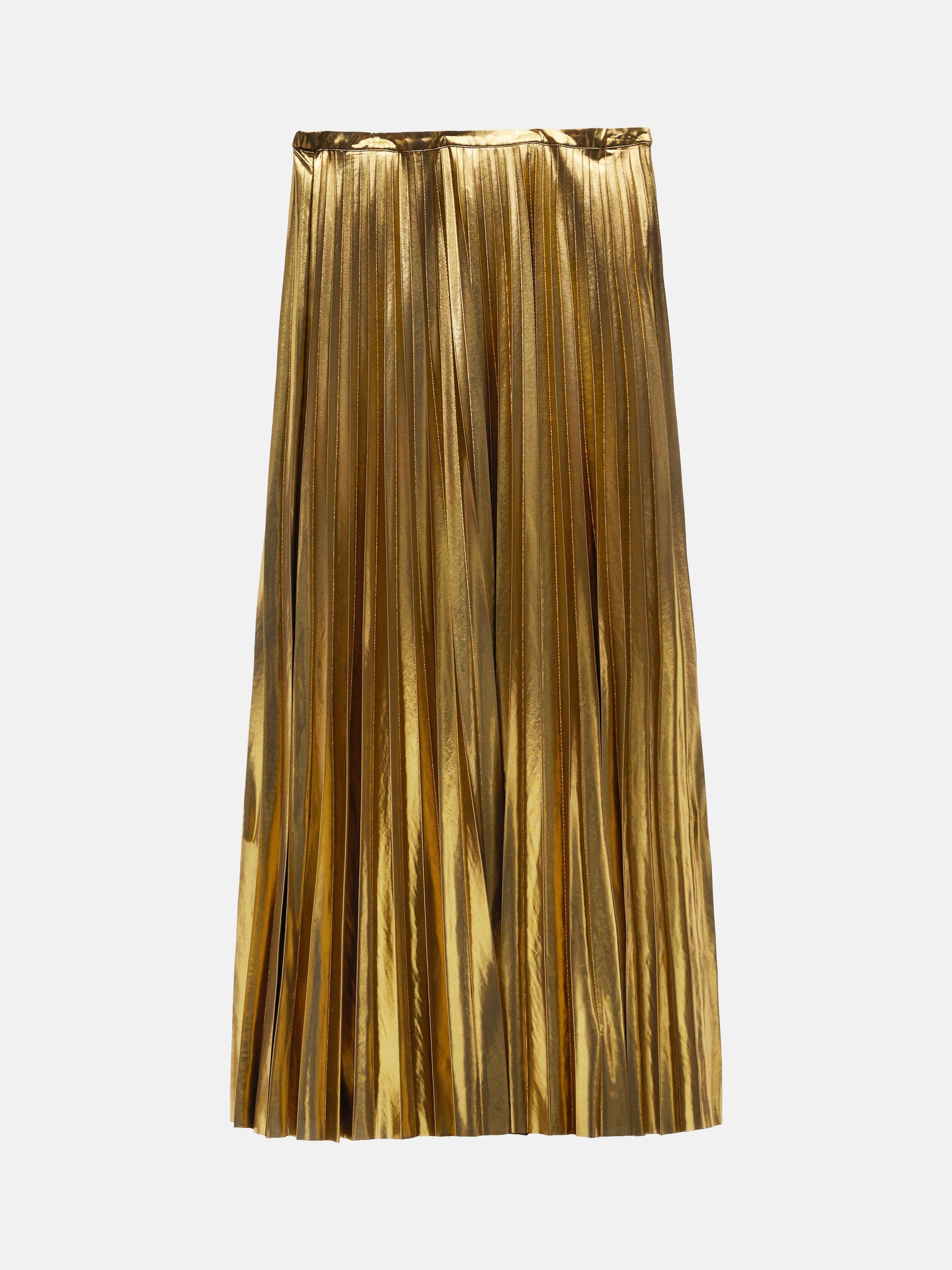 HUSH Raven Pleated Liquid Metallic Maxi Skirt, Gold, 4