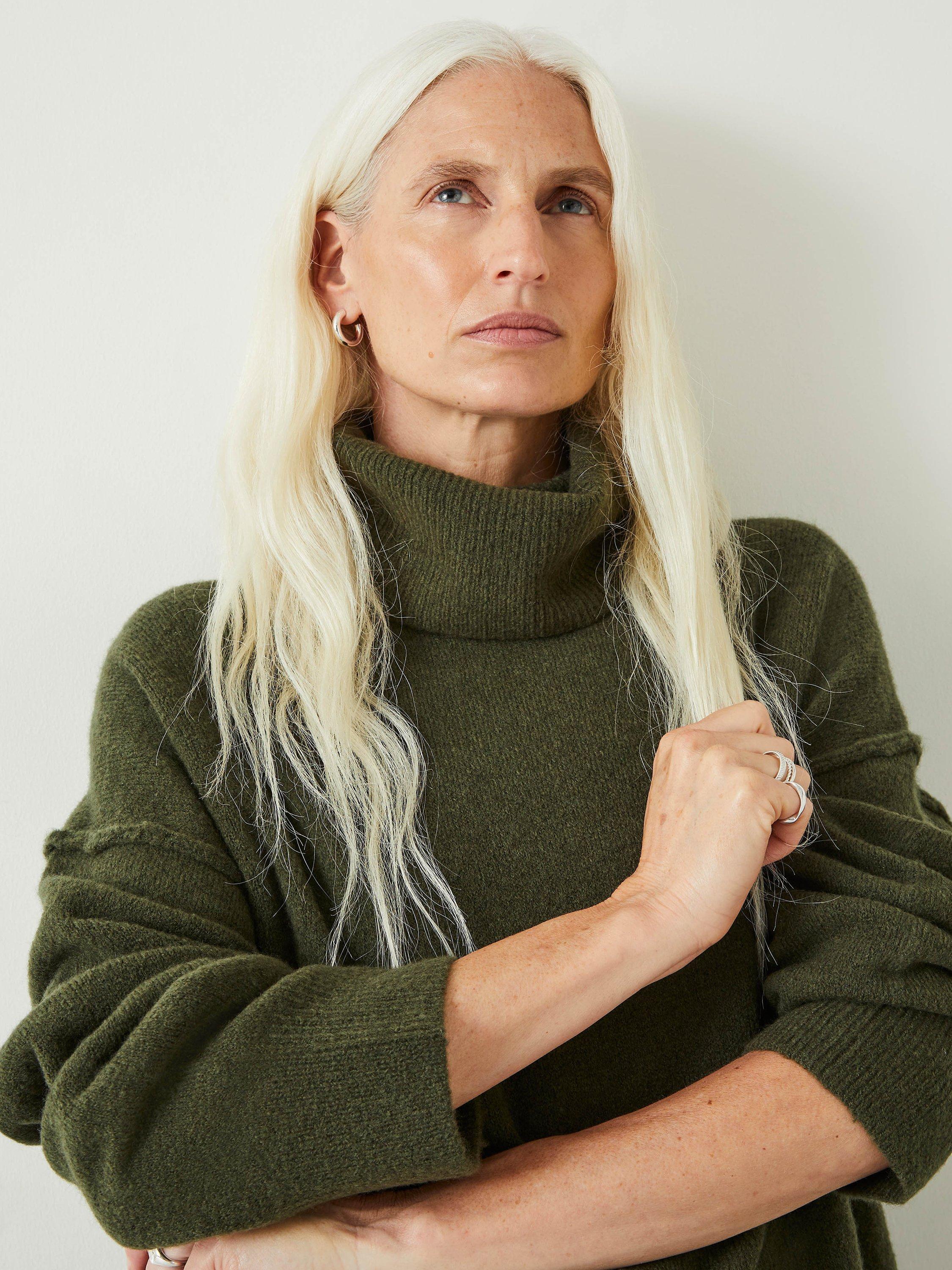 HUSH Meryll Roll Neck Wool Blend Cropped Jumper, Dark Khaki