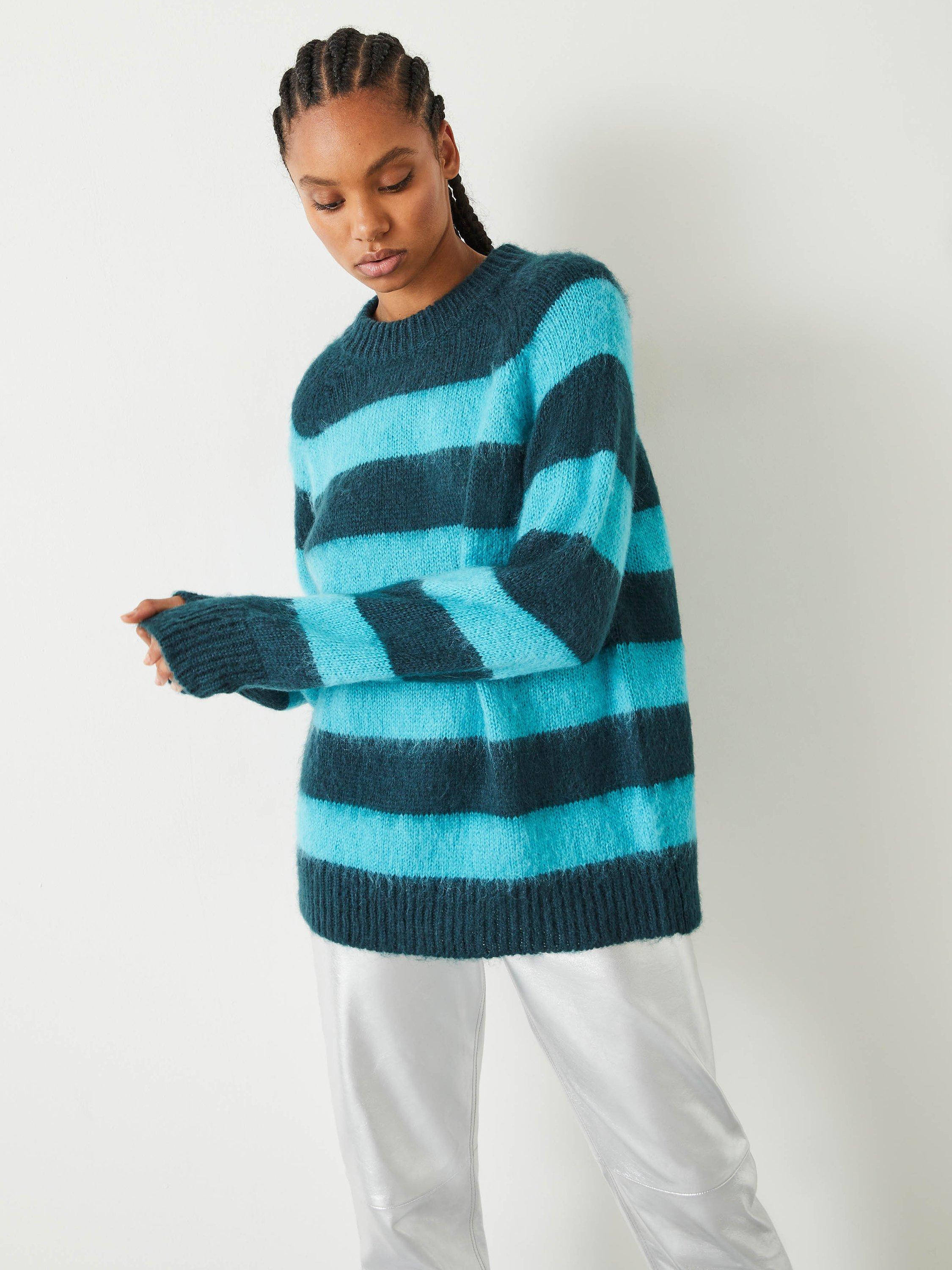 HUSH Amanita Mohair Blend Stripe Jumper, Teal/Aqua Stripe