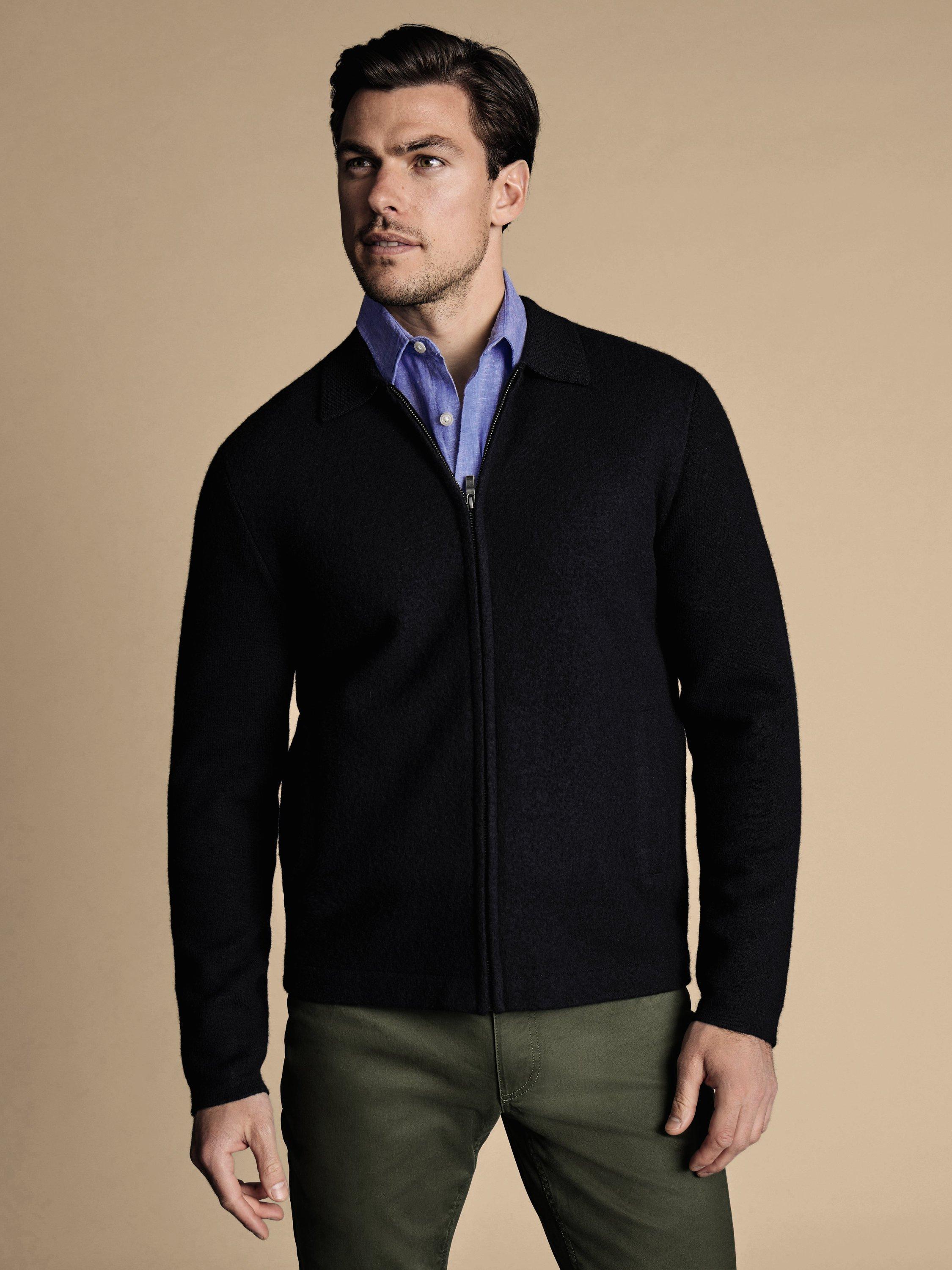 Charles Tyrwhitt Brushed Merino Wool Zip Jacket, Dark Navy