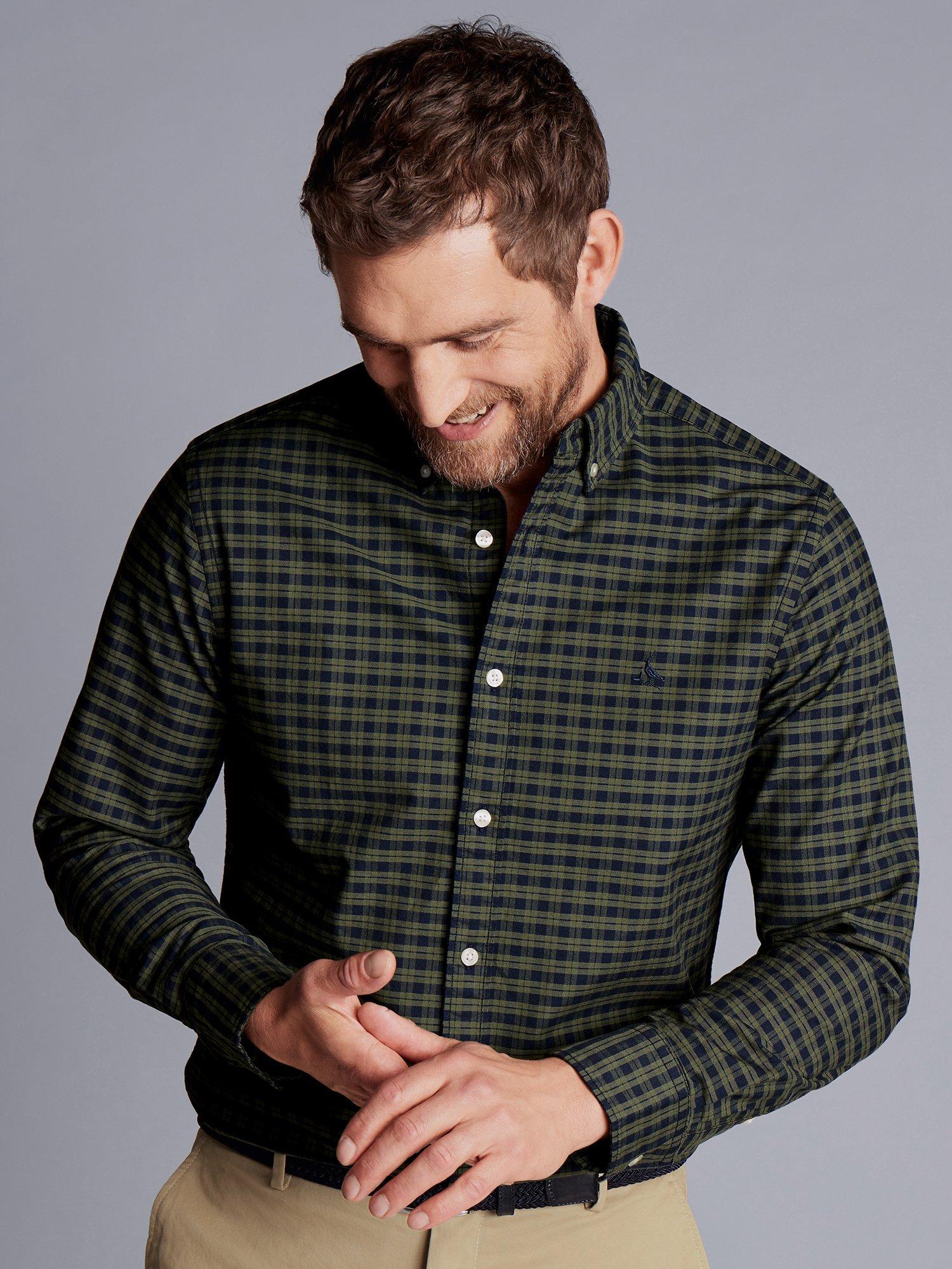 Charles Tyrwhitt Check Button-Down Washed Slim Fit Oxford Shirt, Olive Green