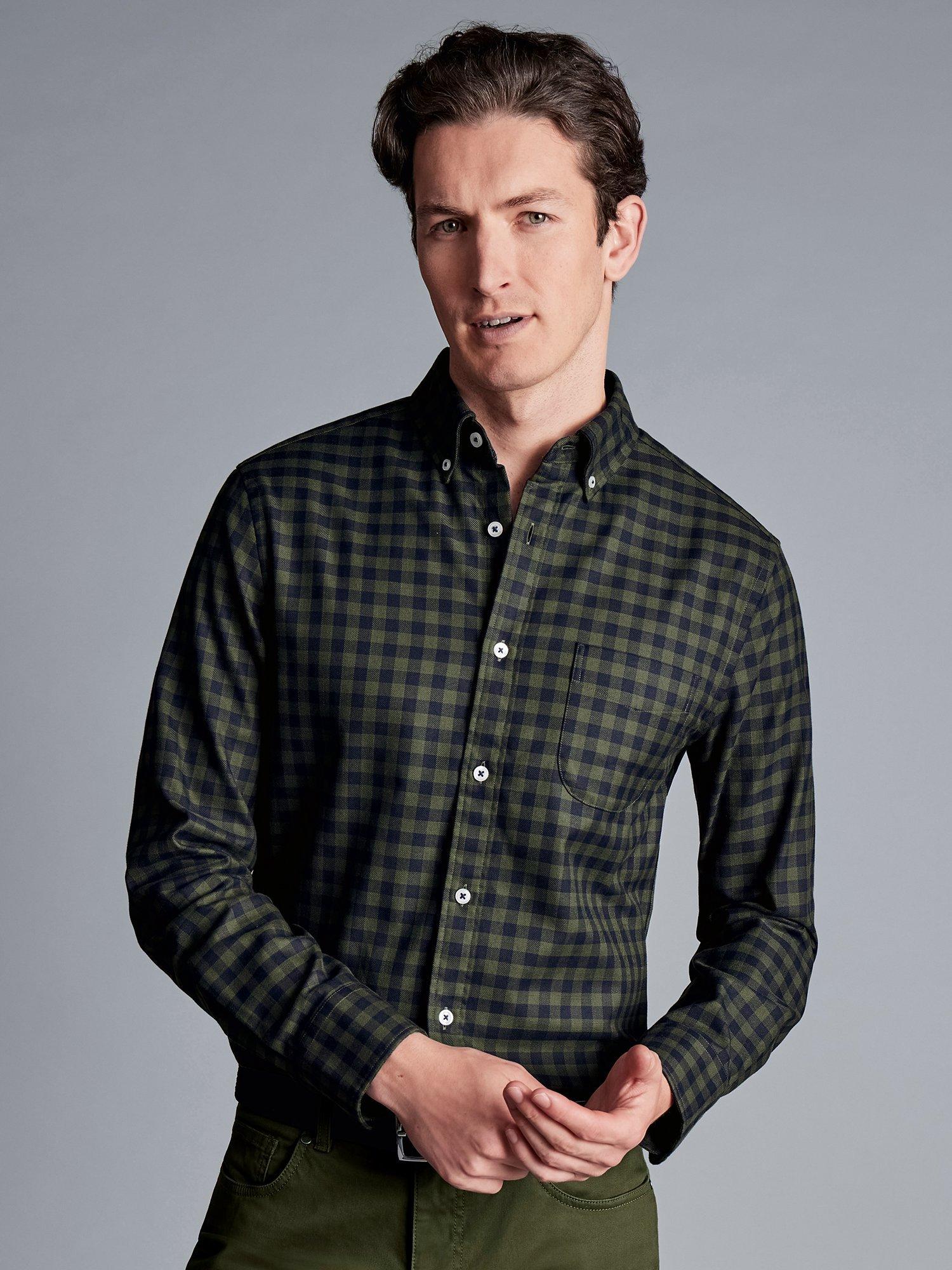 Charles Tyrwhitt Gingham Non-Iron Twill Slim Fit Shirt, Olive Green