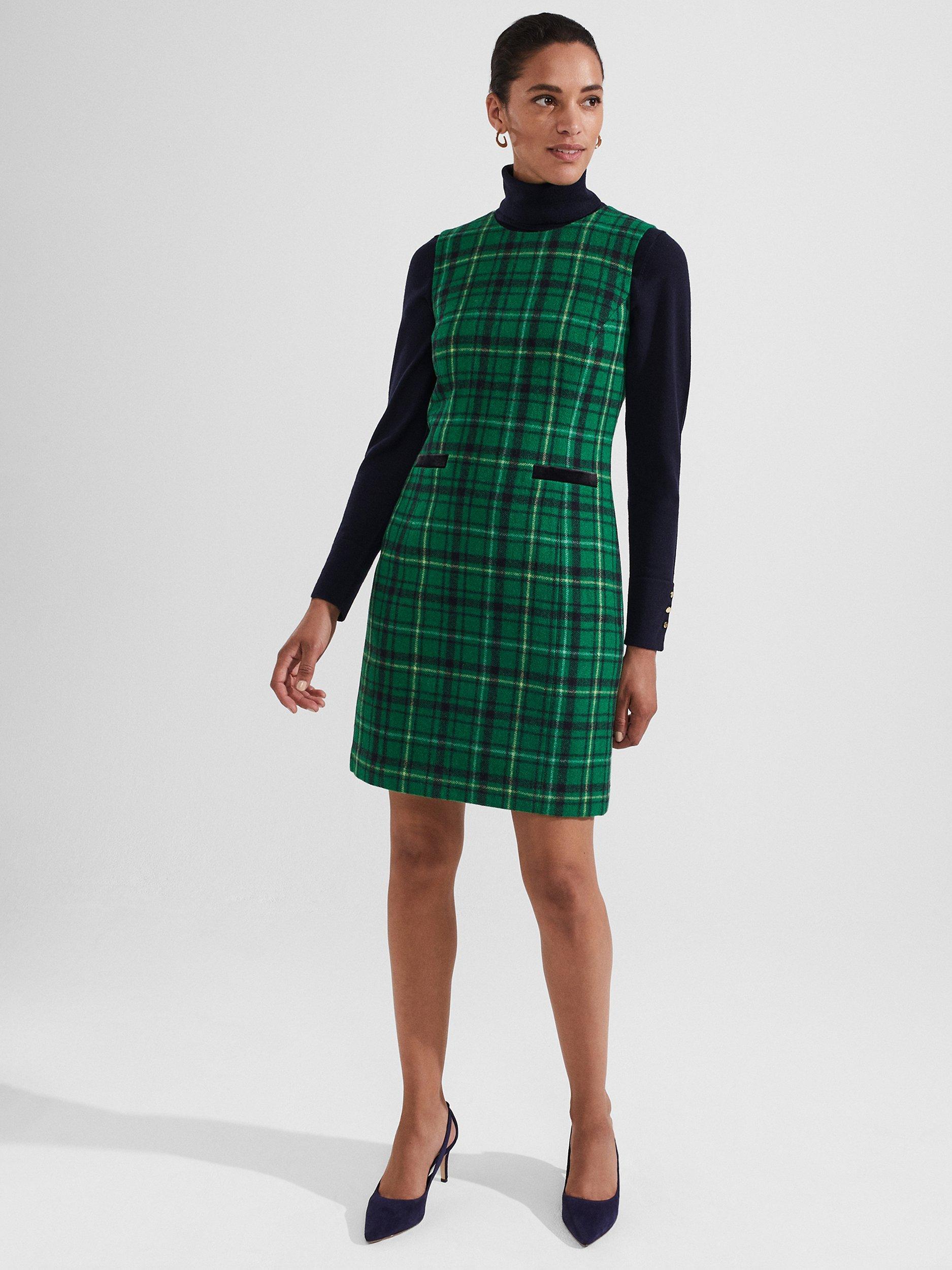 Hobbs Margot Checked Wool Shift Dress Green Multi