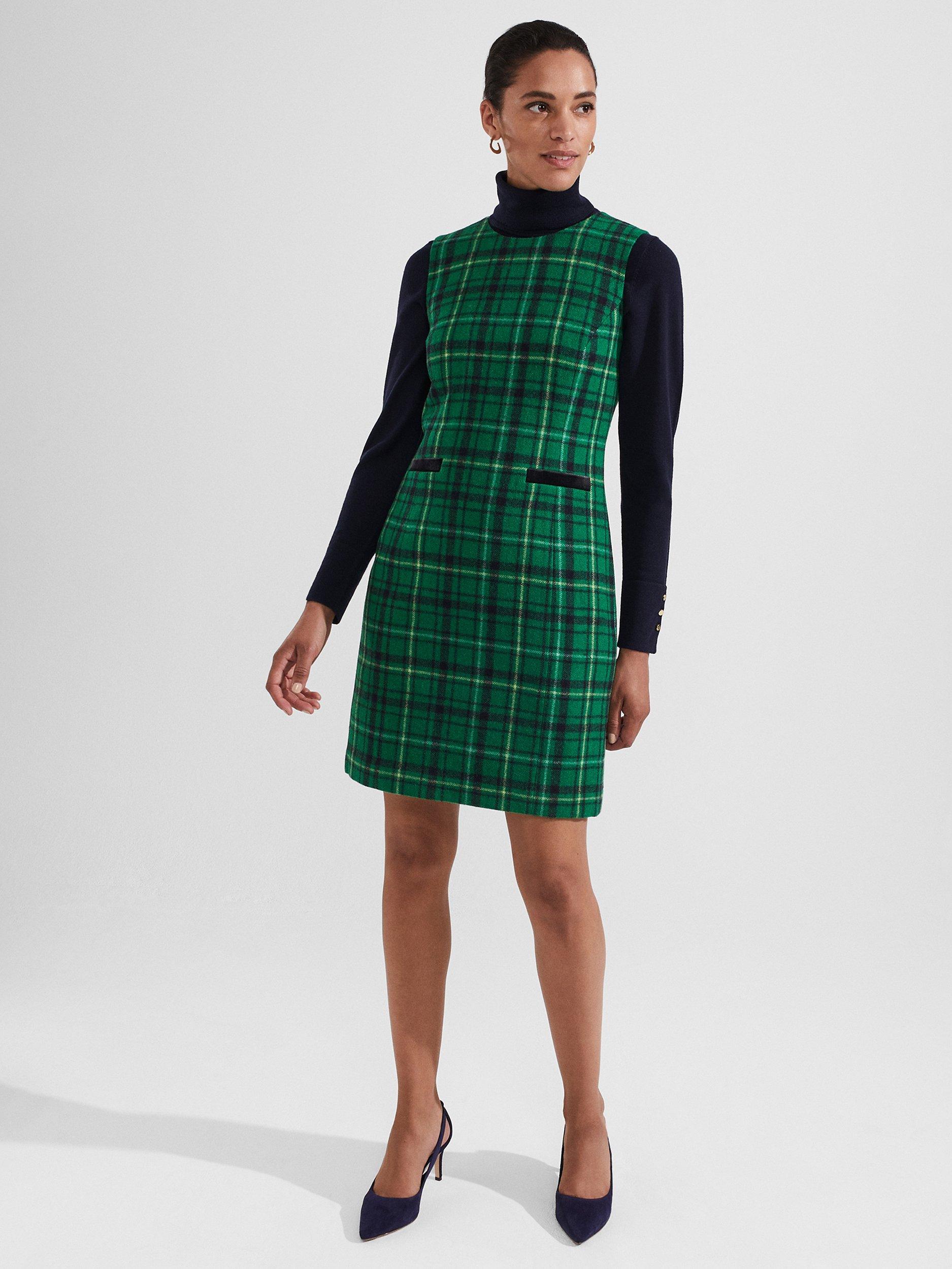 Hobbs Petite Margot Check Wool Dress Green Multi