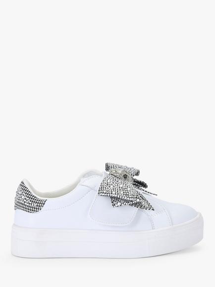 Kurt Geiger London Kids' Mini Laney Bow Leather Trainers, White/Silver, White/Silver