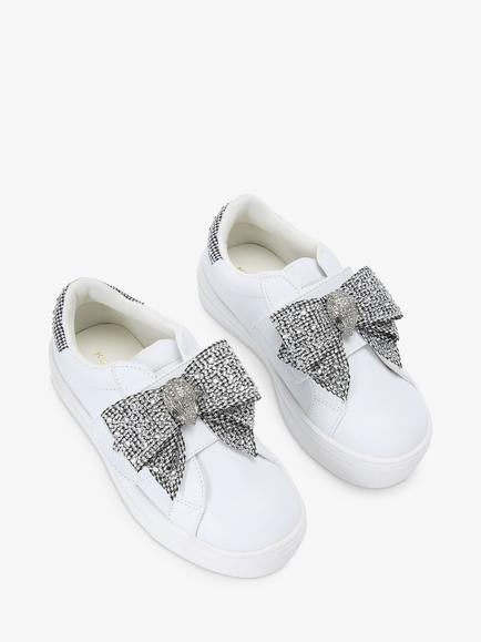 Kurt Geiger London Kids' Mini Laney Bow Leather Trainers, White/Silver - view 2, White/Silver