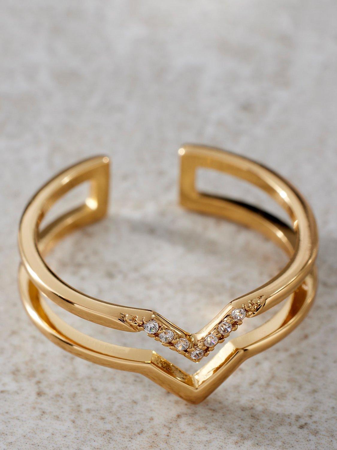 Mint Velvet Chevron Crystal Ring, Gold, One Size