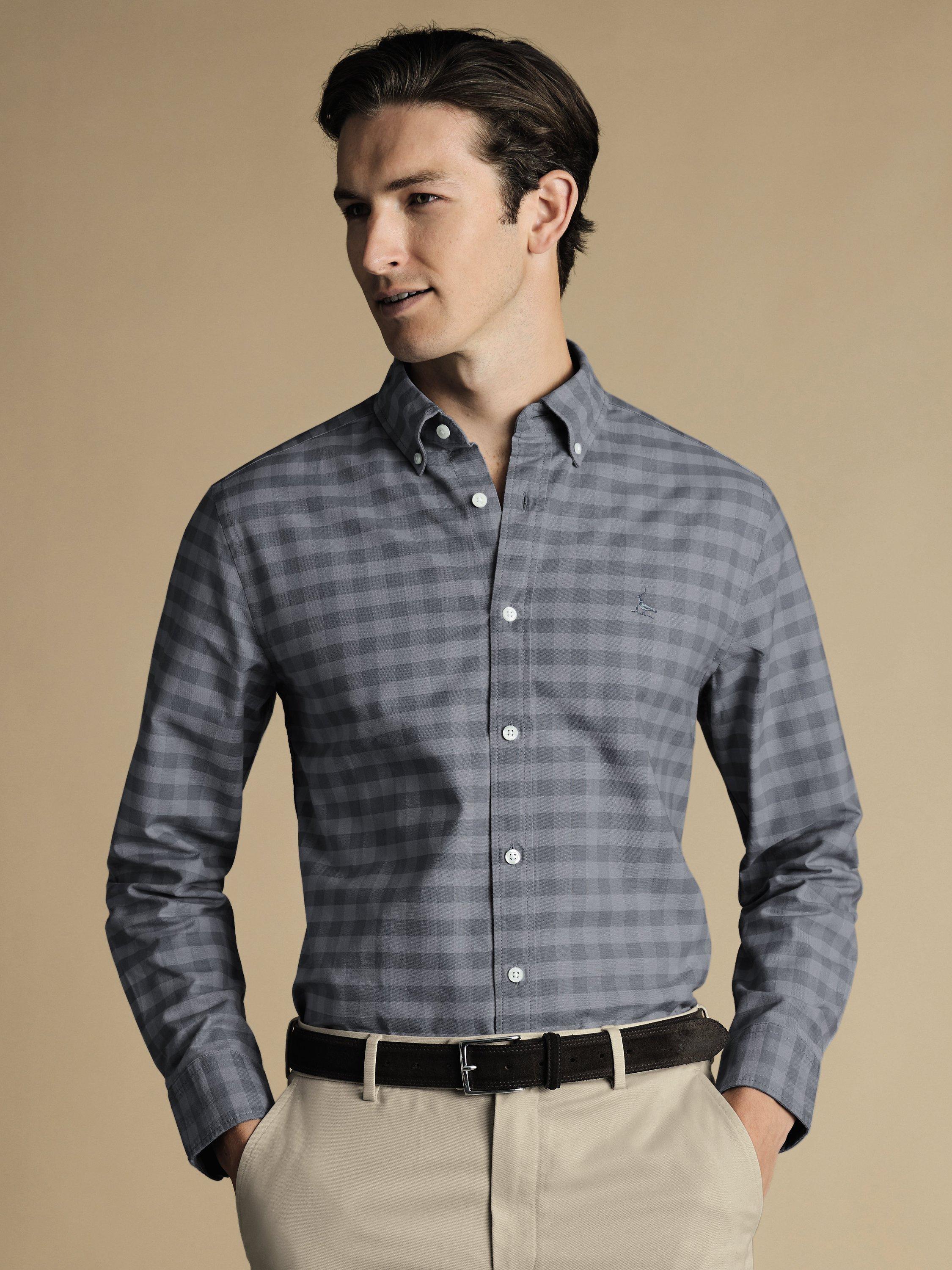 Charles Tyrwhitt Gingham Button-Down Washed Oxford Slim Shirt, Flint Grey