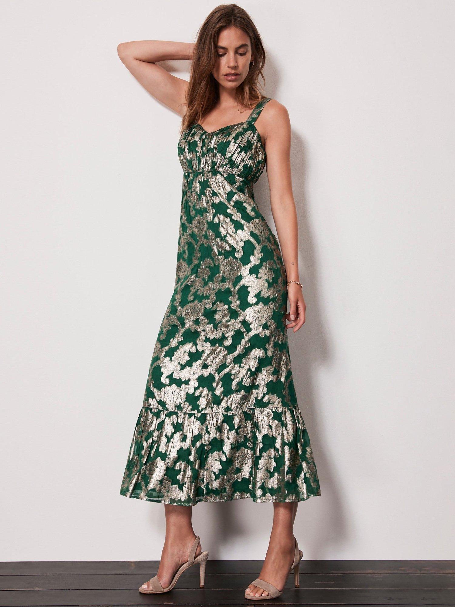 Mint Velvet Metallic Midi Dress Green Multi