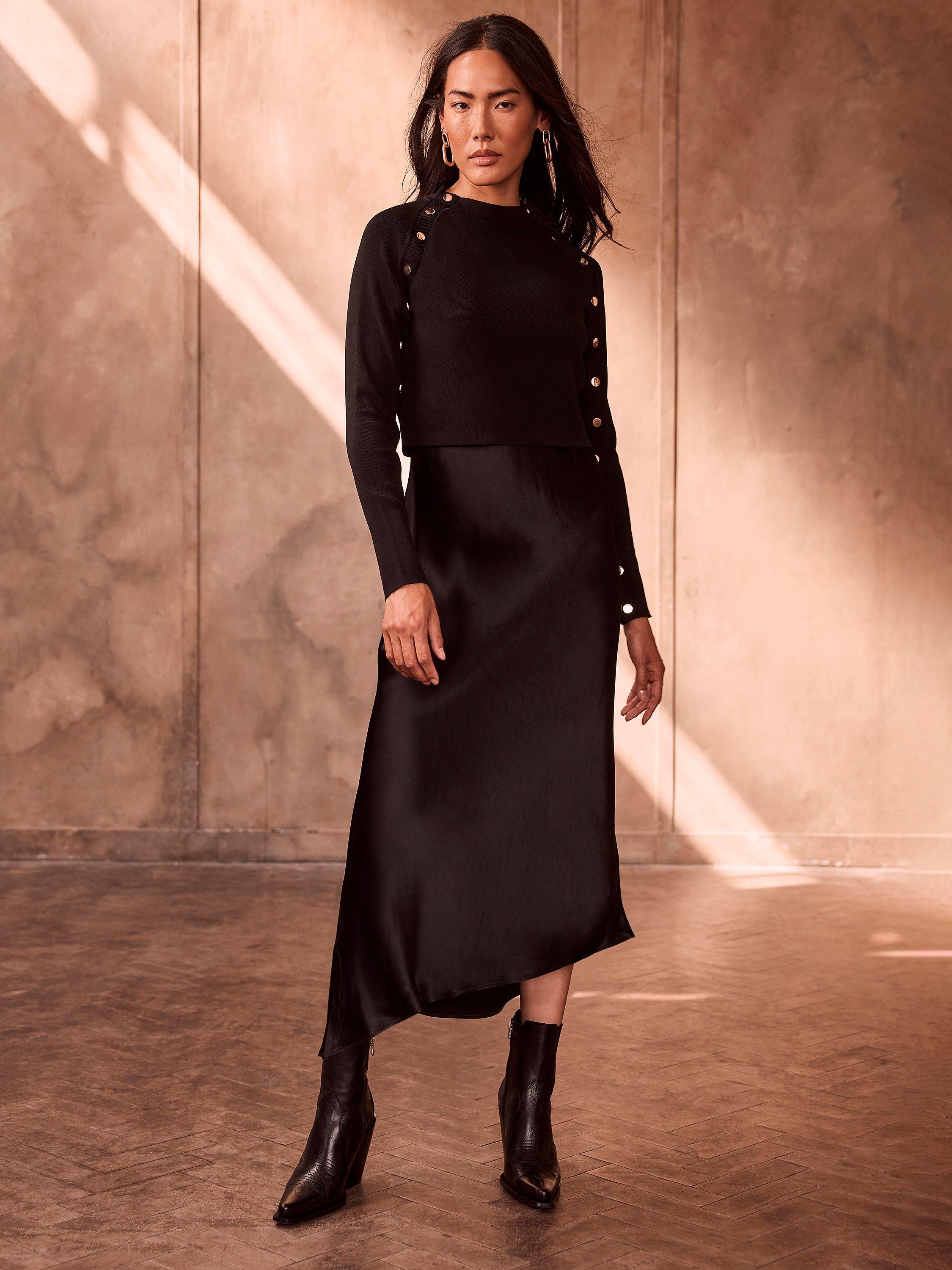 Mint Velvet Layered Midi Satin Dress, Black
