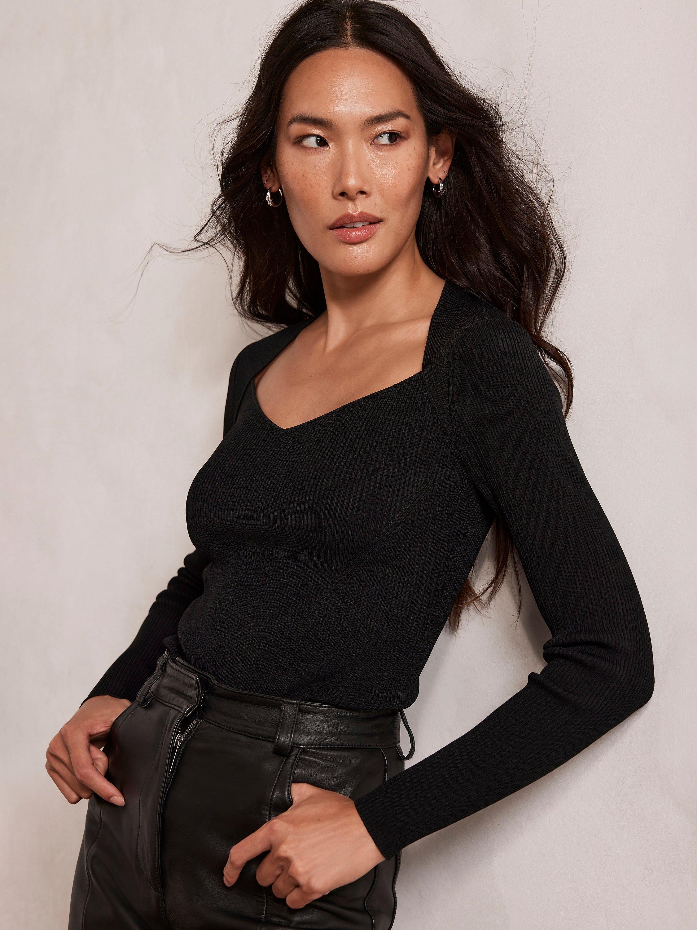 Mint Velvet Wide Neck Ribbed Top, Black
