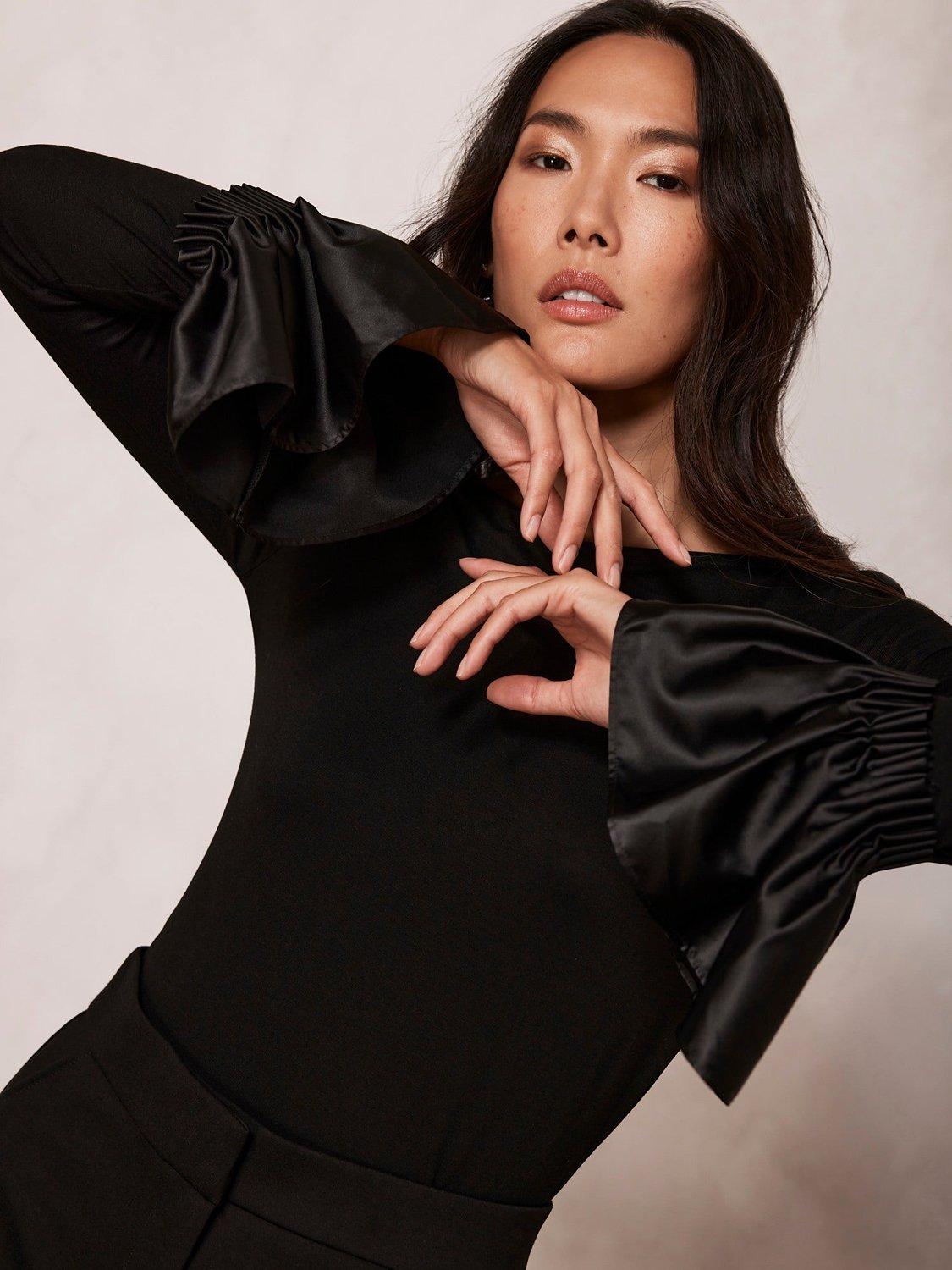 Mint Velvet Fluted Satin Sleeve Top, Black