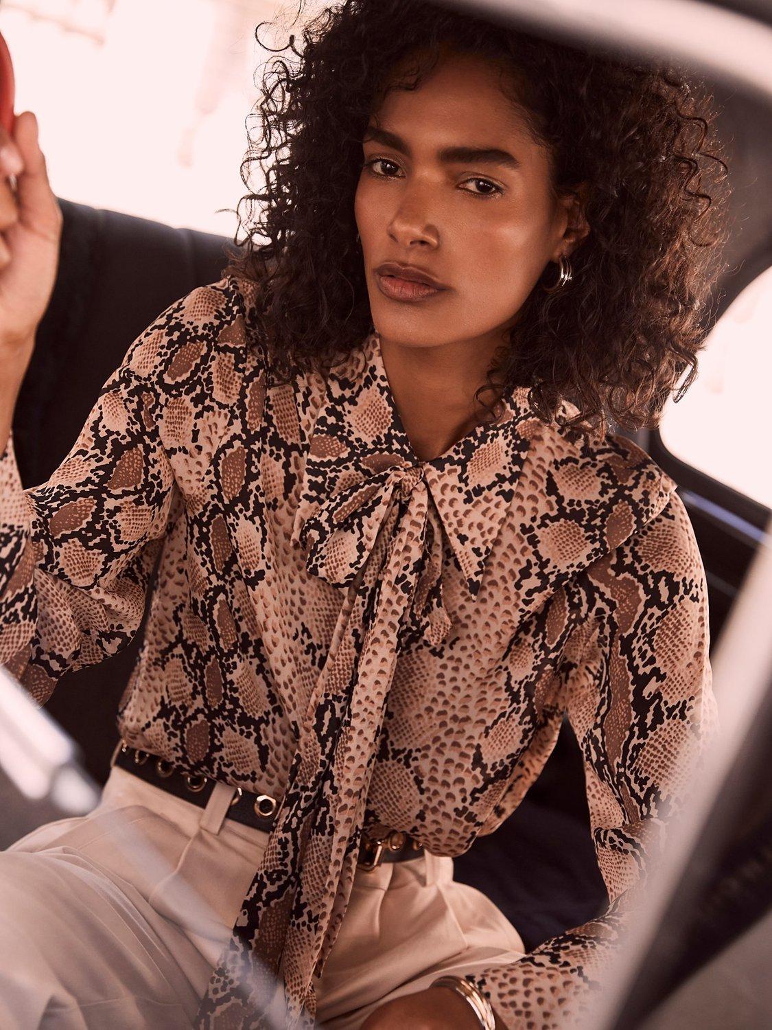 Mint Velvet Snake Print Tie Neck Blouse, Natural