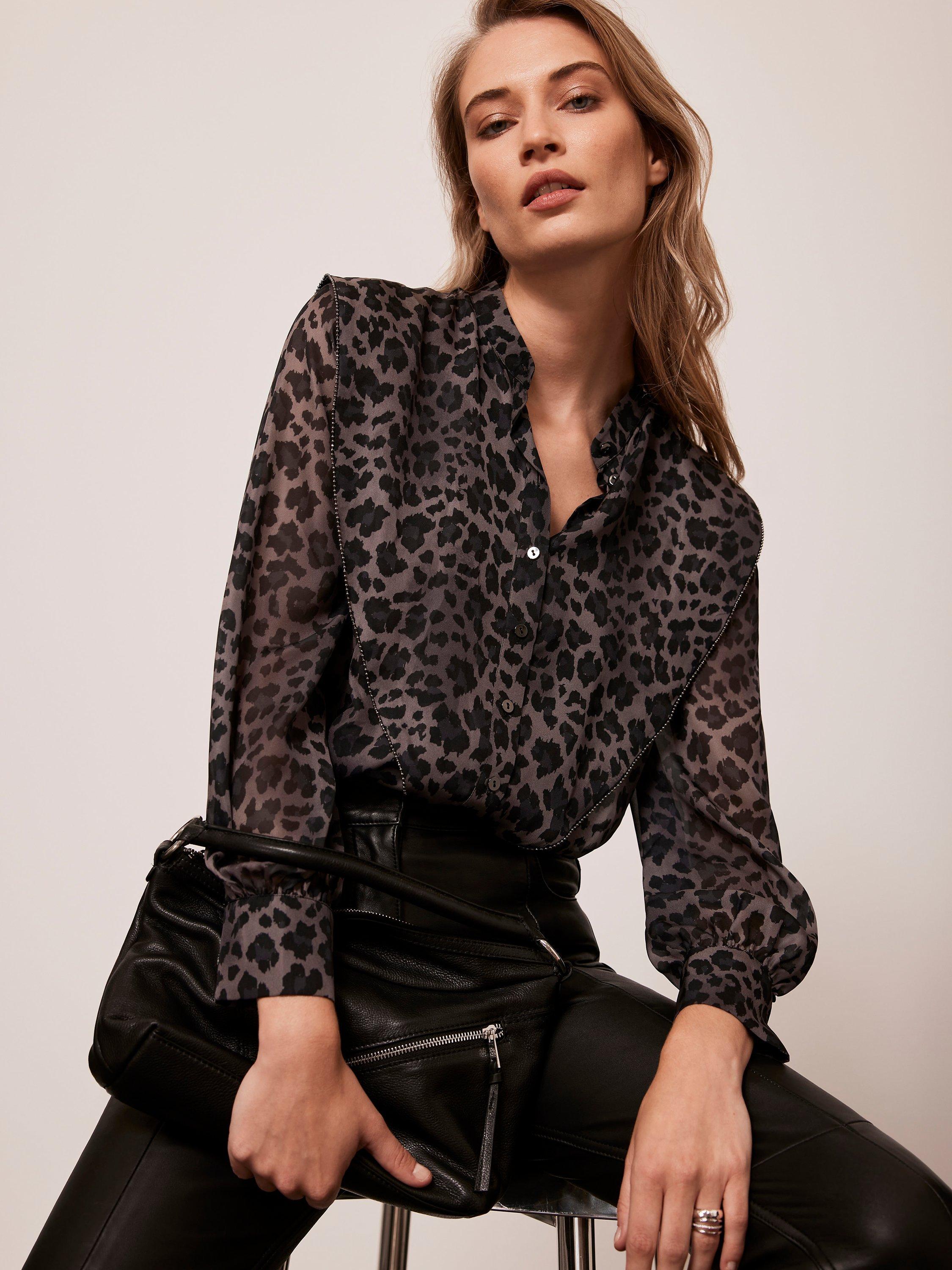 Mint Velvet Animal Print Chiffon Shirt, Grey/Multi