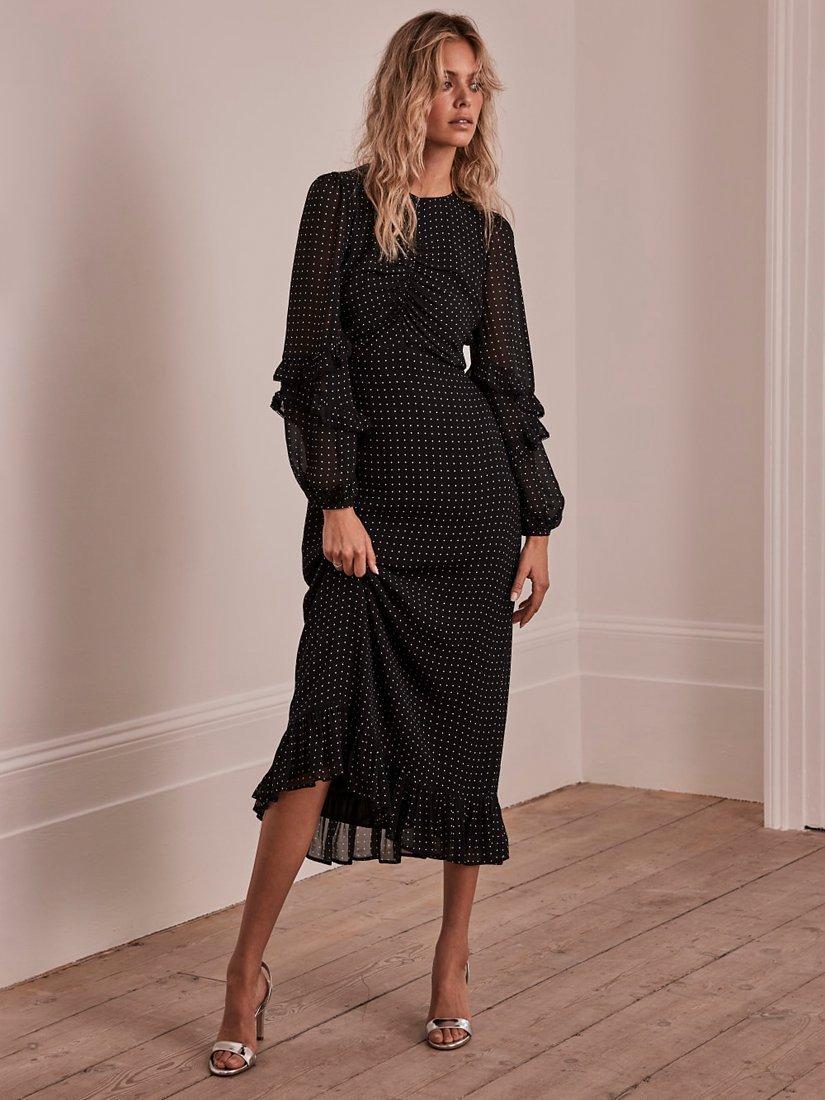 Mint Velvet Spot Print Ruffle Midi Dress, Black
