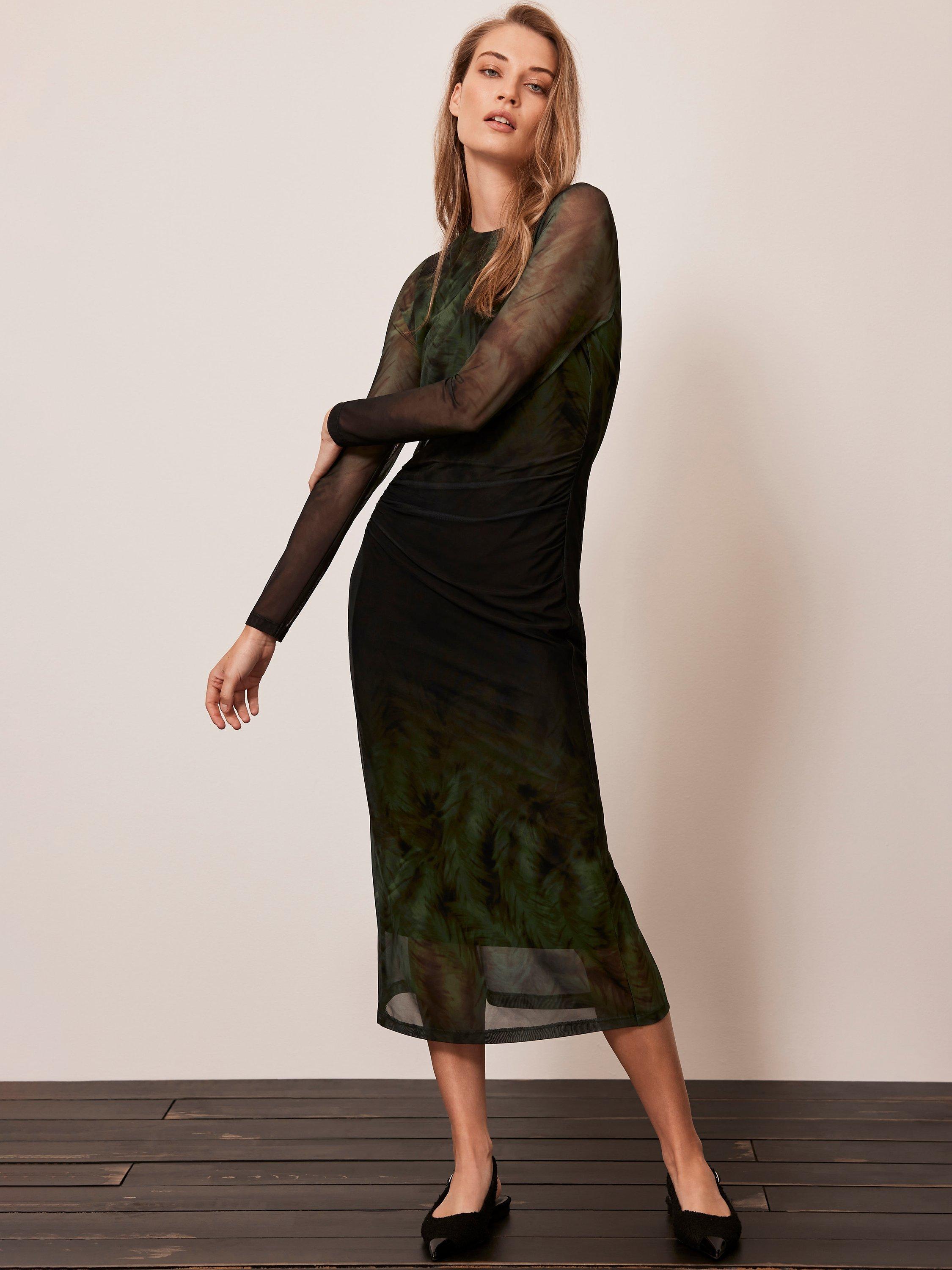 Mint Velvet Printed Ruched Midi Dress, Mid Green