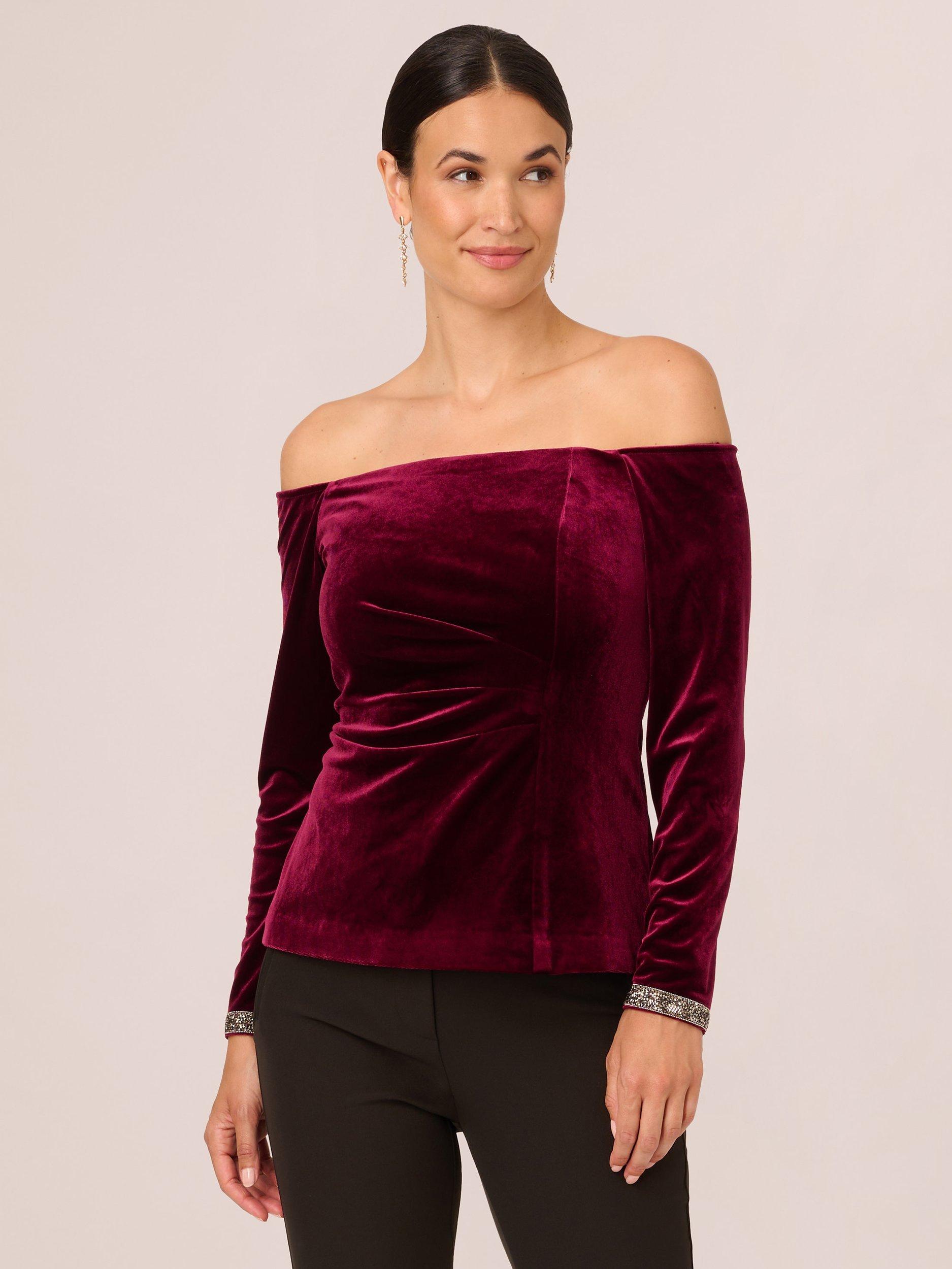 Adrianna Papell Beaded Velvet Bardot Top, Burgundy