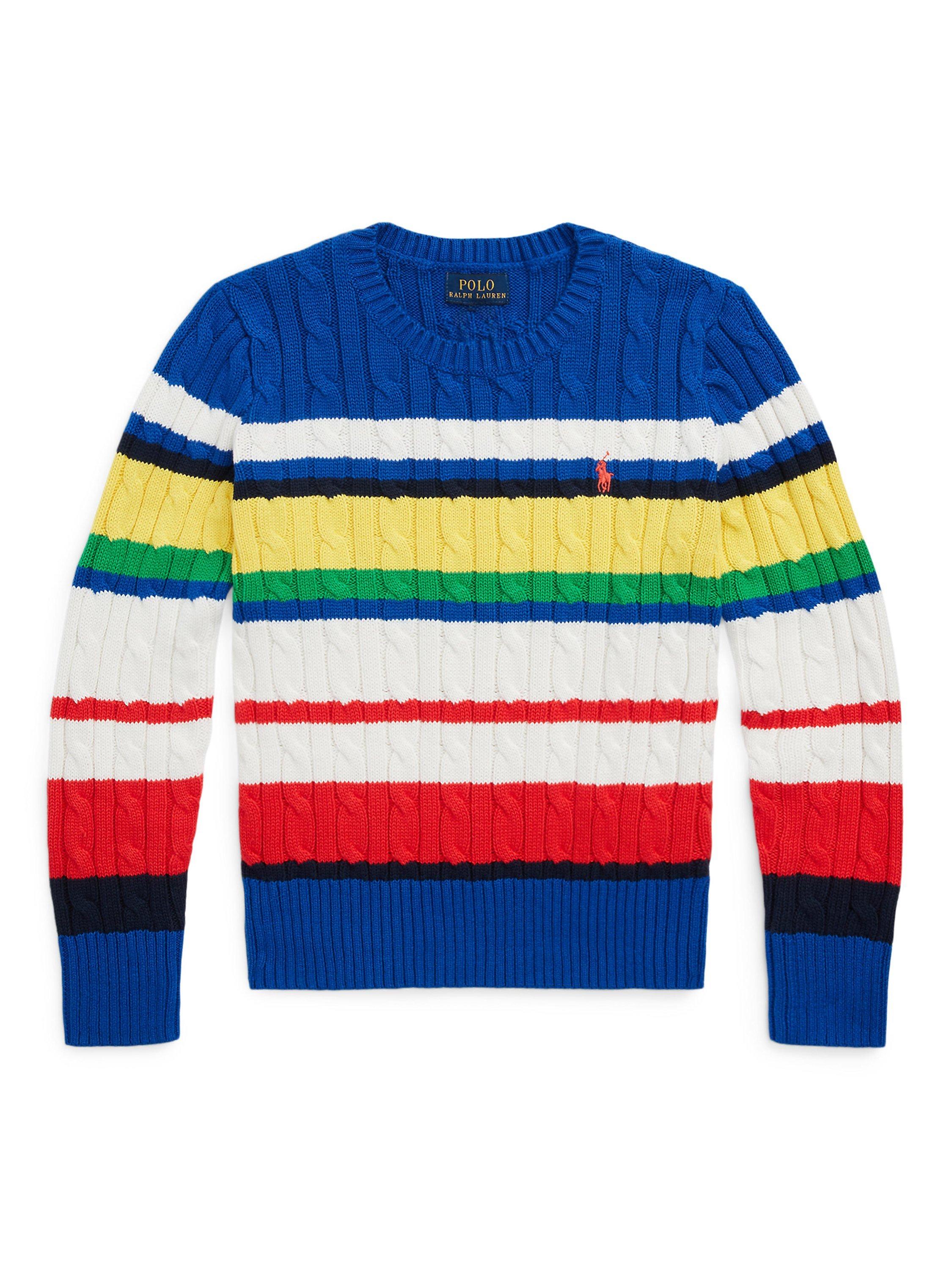 Ralph Lauren Kids' Cable Knit Stripe Logo Jumper, Sapphire Star