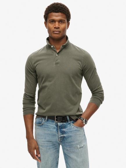 Superdry Studios Long Sleeve Jersey Polo Shirt, Washed Black