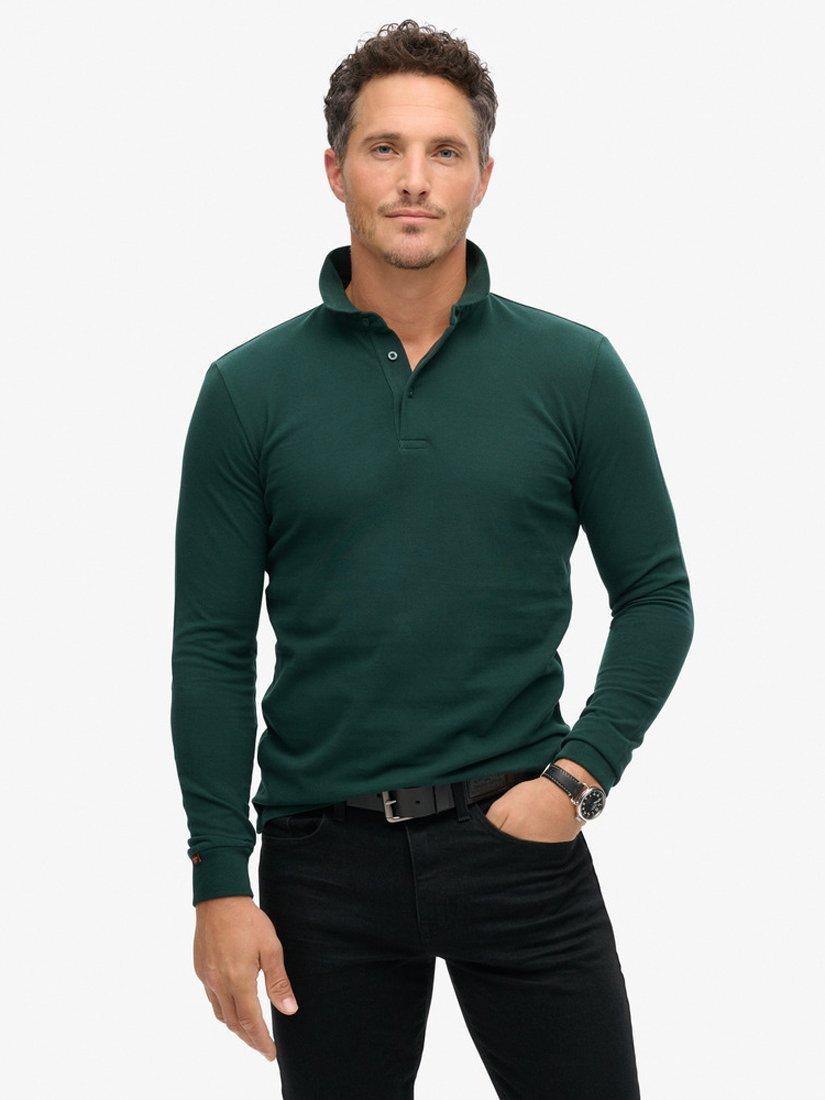 Superdry Long Sleeve Cotton Pique Polo Shirt, Forest Green