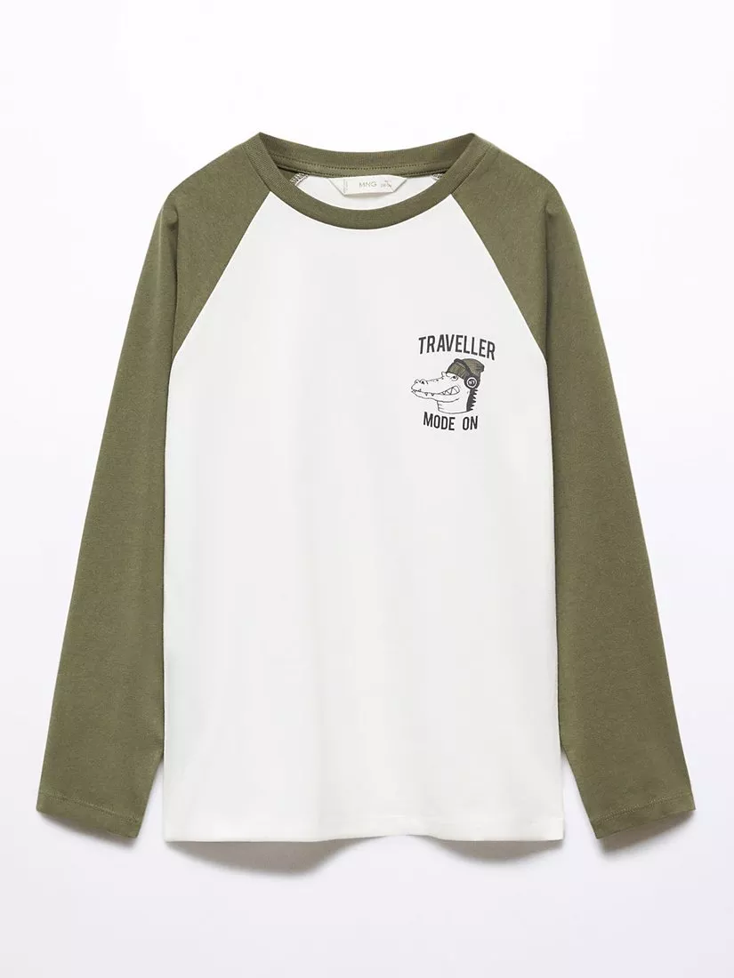 Mango Kids' Traveller Raglan Sleeve T-Shirt, Beige Khaki