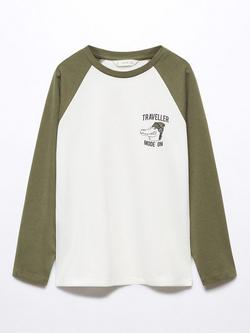 Mango Kids' Traveller Raglan Sleeve T-Shirt, Beige Khaki, Beige Khaki