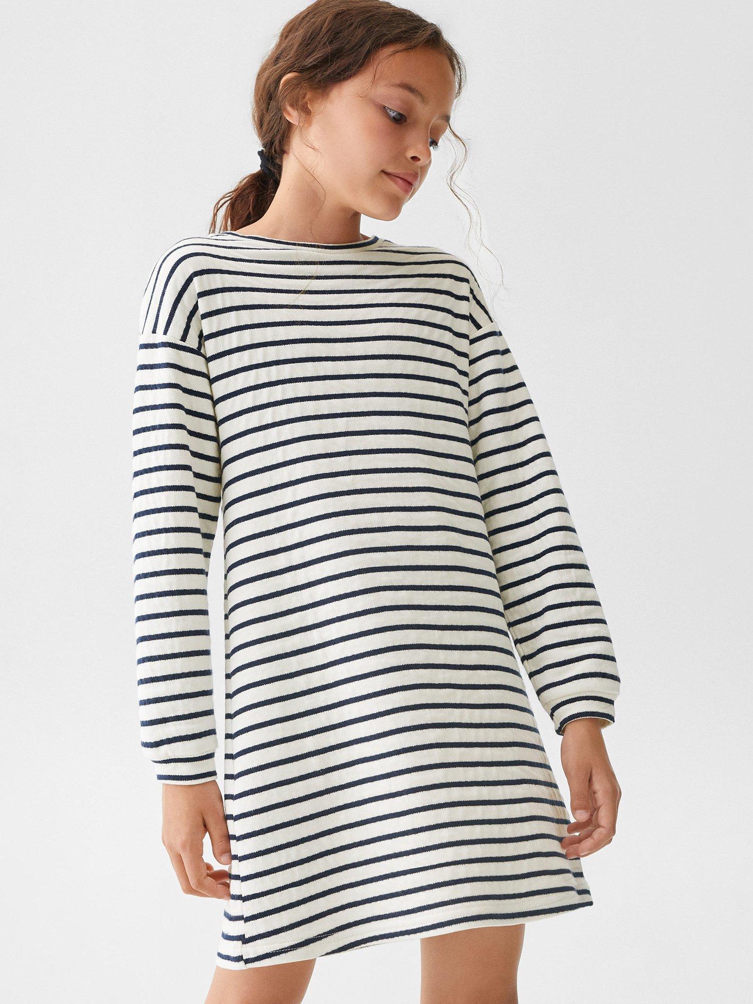 Product image 1 of 8, which shows Mango Kids' Stripe Long Sleeve Dress, Navy, 7-8 years
