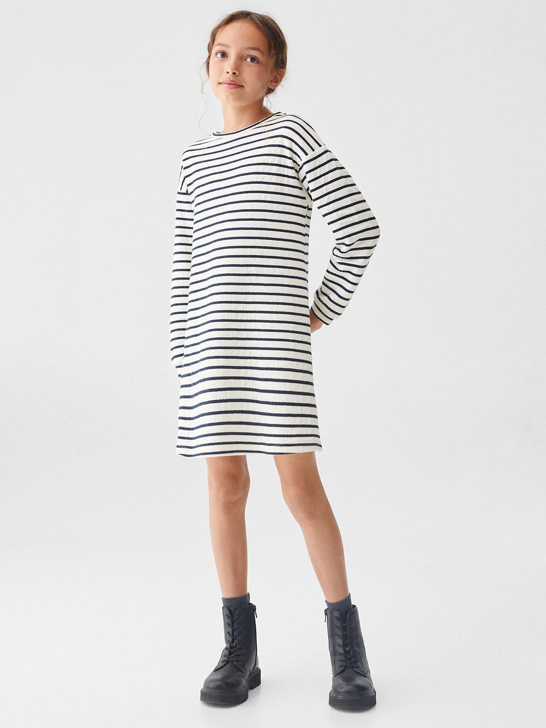 Product image 2 of 8, which shows Mango Kids' Stripe Long Sleeve Dress, Navy, 7-8 years