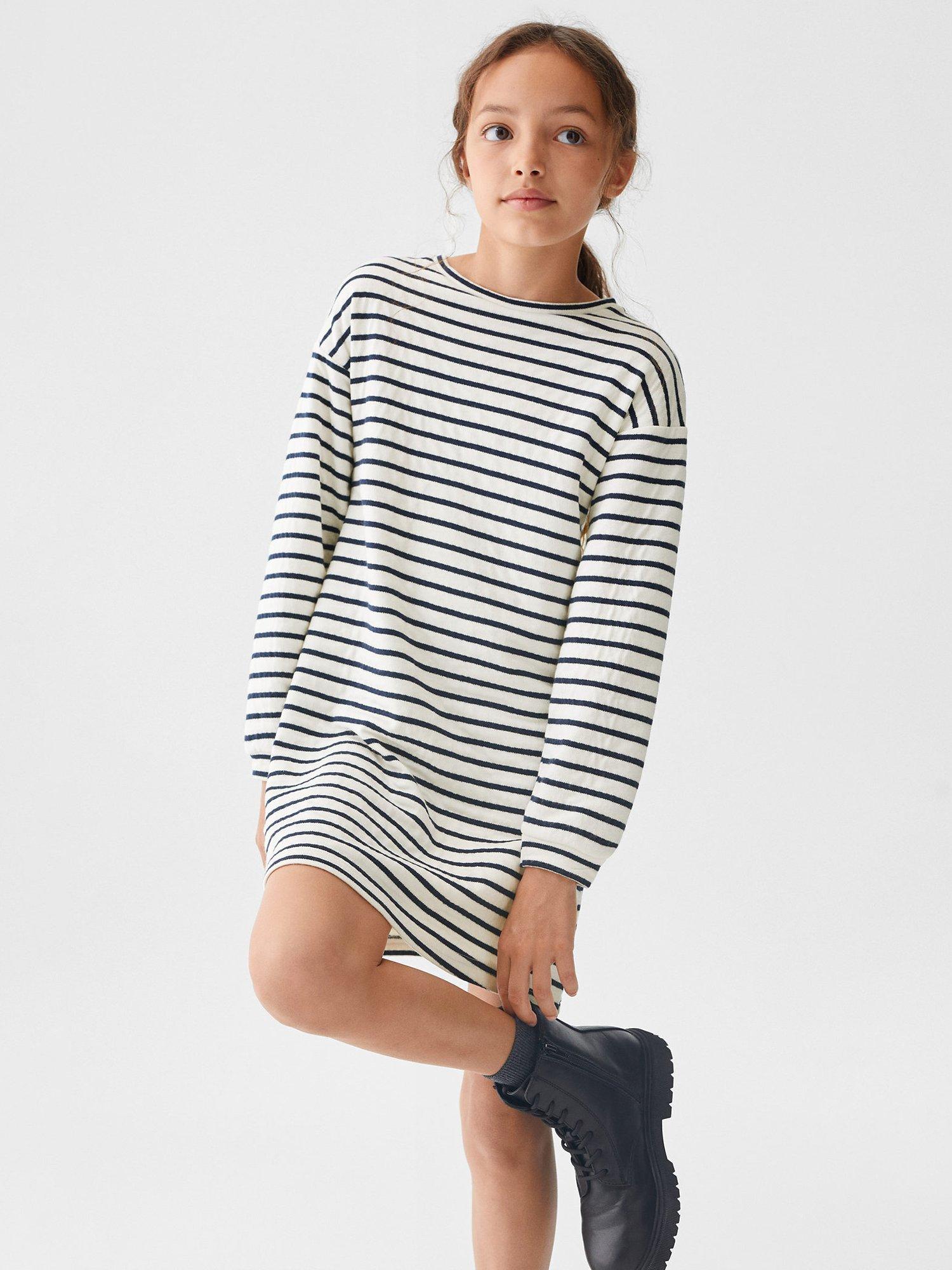 Product image 7 of 8, which shows Mango Kids' Stripe Long Sleeve Dress, Navy, 7-8 years