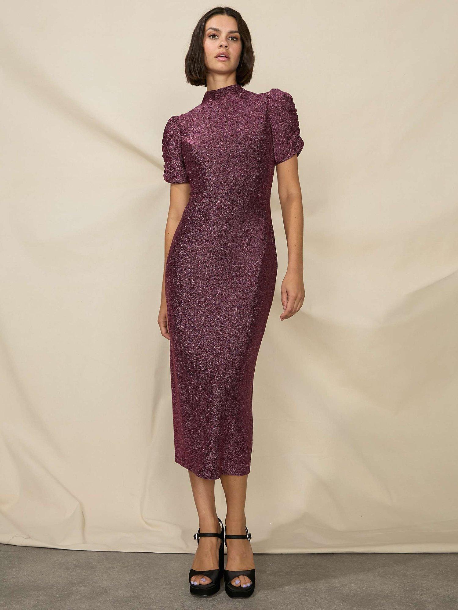 Ro&Zo Petite Sparkle High Neck Midi Dress, Dark Pink