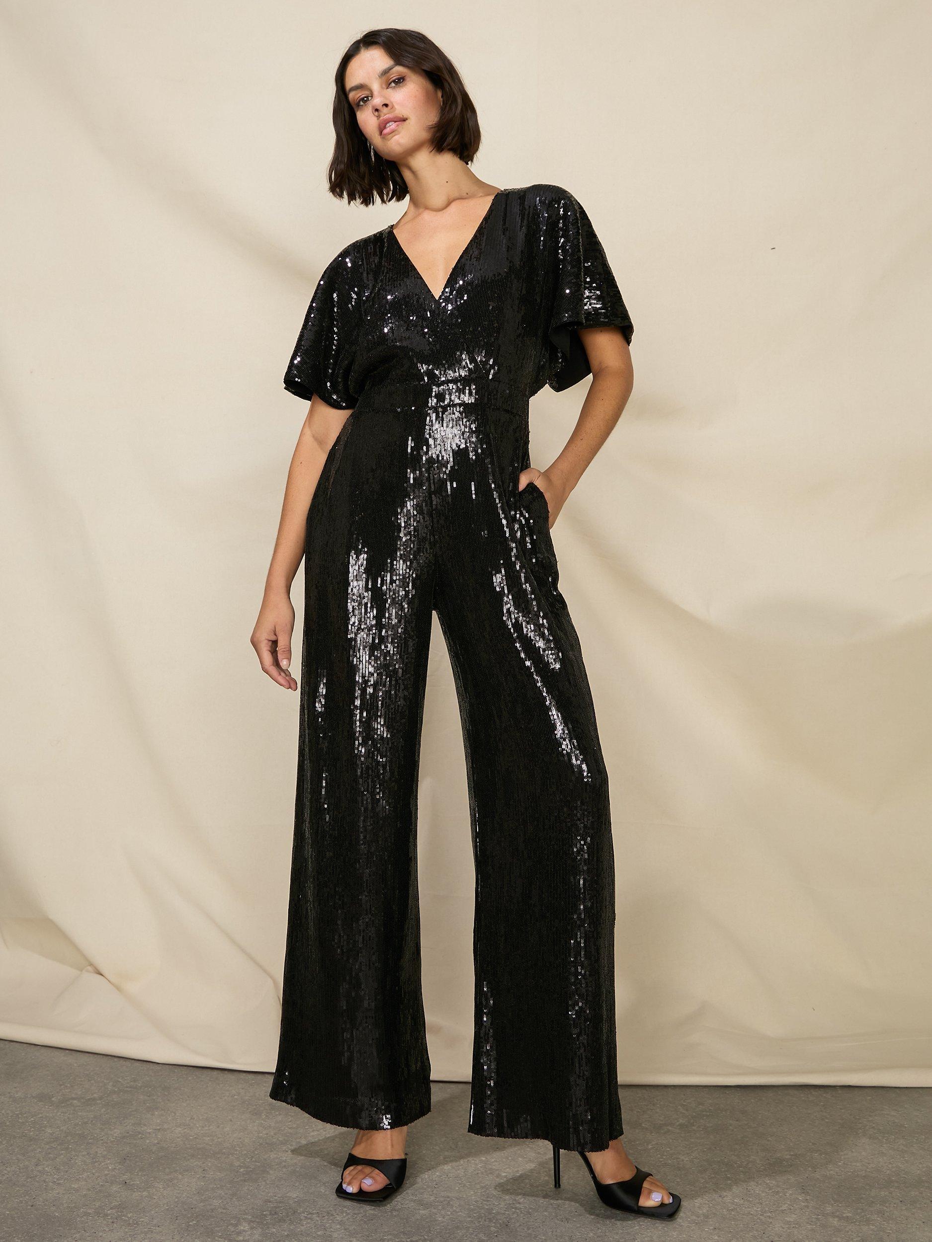 Ro&Zo Petite Sequin Wide Leg Jumpsuit, Black