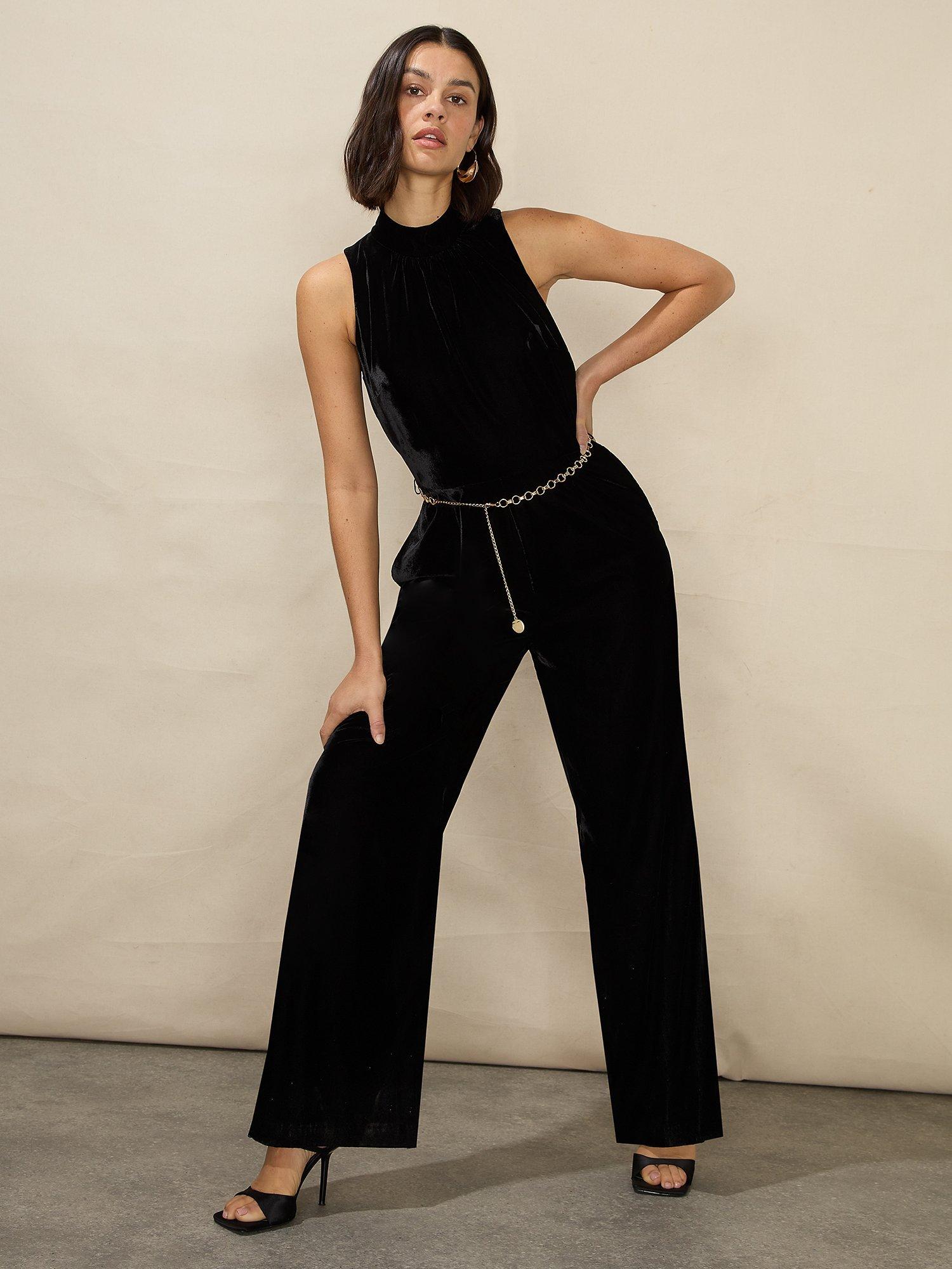 Ro&Zo Petite Velvet Wide Leg Jumpsuit, Black