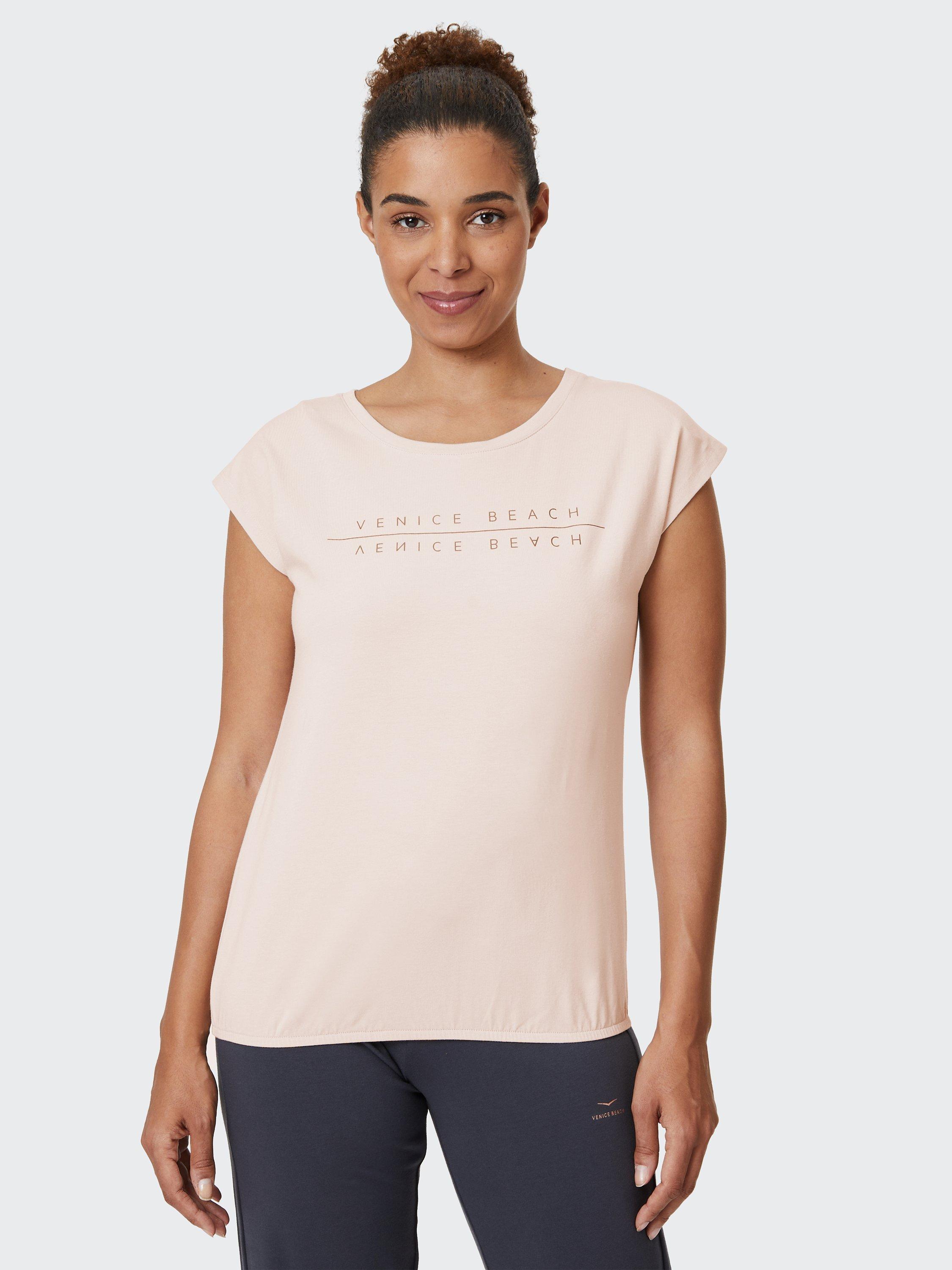 Product image 2 of 7, which shows Venice Beach Wonder Short Sleeve Gym Top, Almond Cream, S