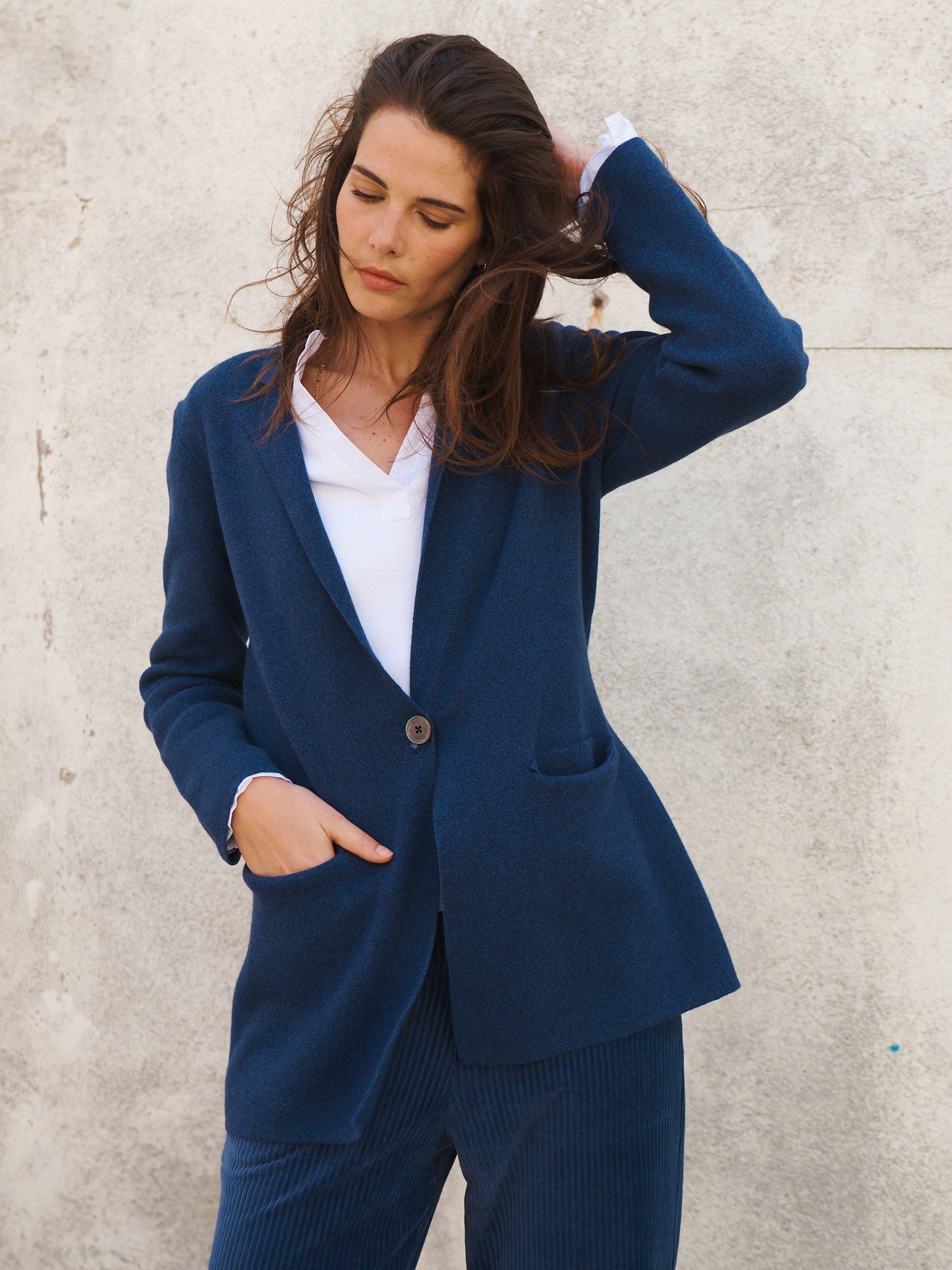 Product image 3 of 6, which shows NRBY Juno Heavy Cashmere Blend Knit Jacket, Denim Blue, S