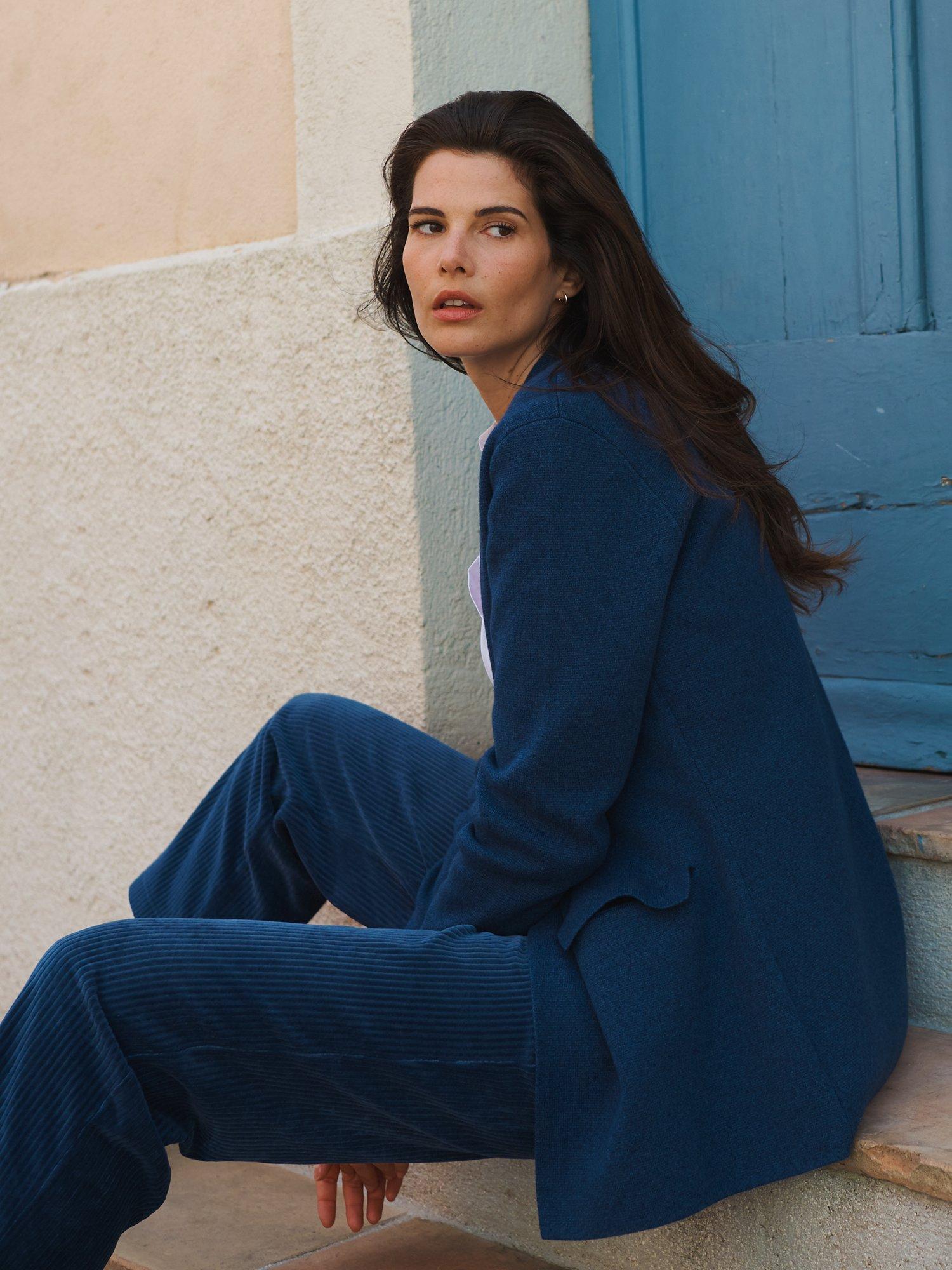 Product image 4 of 6, which shows NRBY Juno Heavy Cashmere Blend Knit Jacket, Denim Blue, S