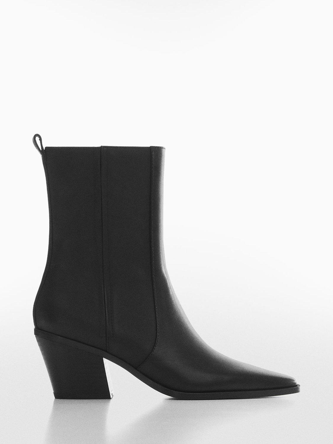 Mango Strechy Block Heel Leather Cowboy Boots, Black