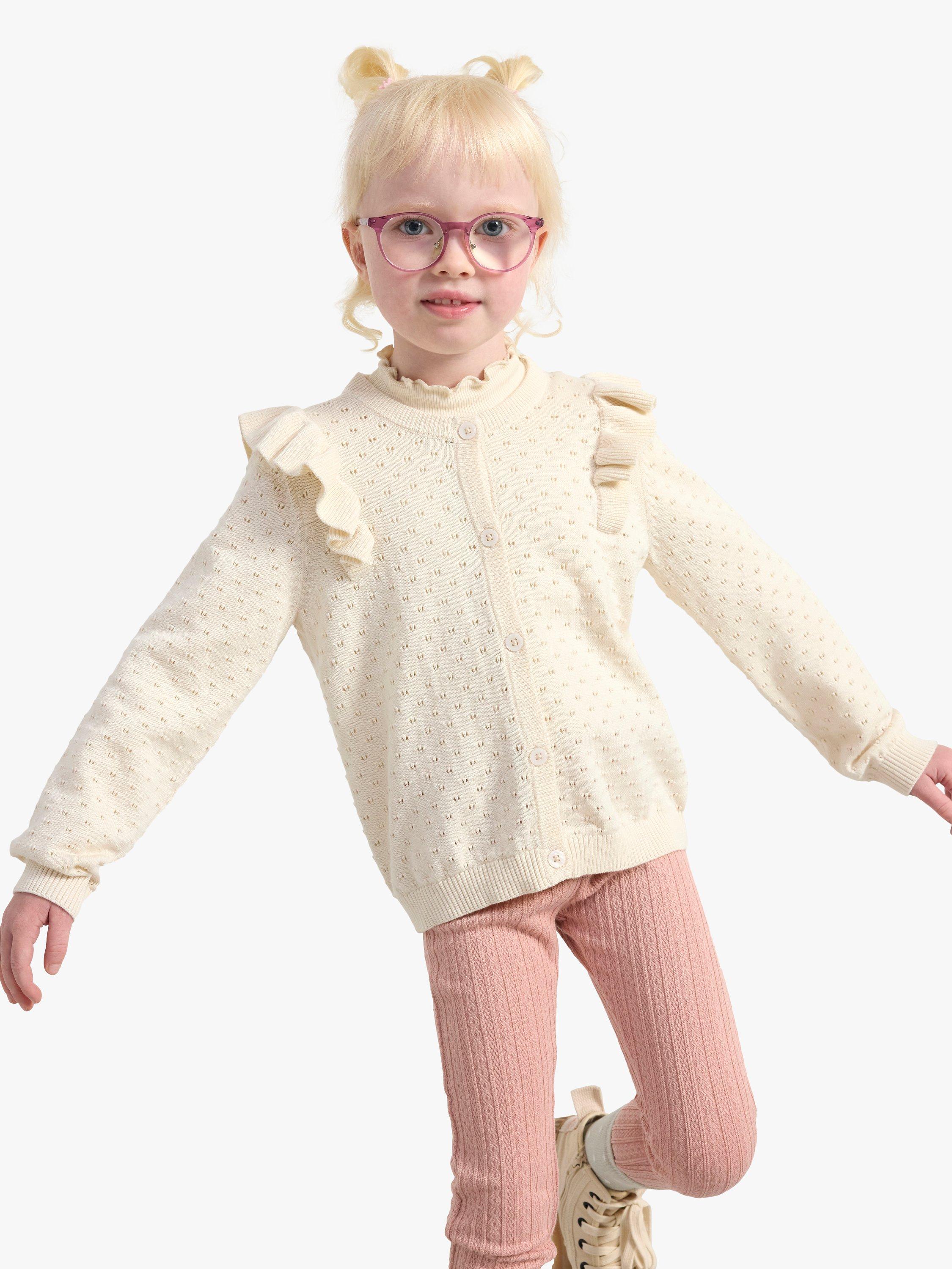 Product image 1 of 7, which shows Lindex Kids' Pattern Knit Frill Cardigan, White, 3-4 years