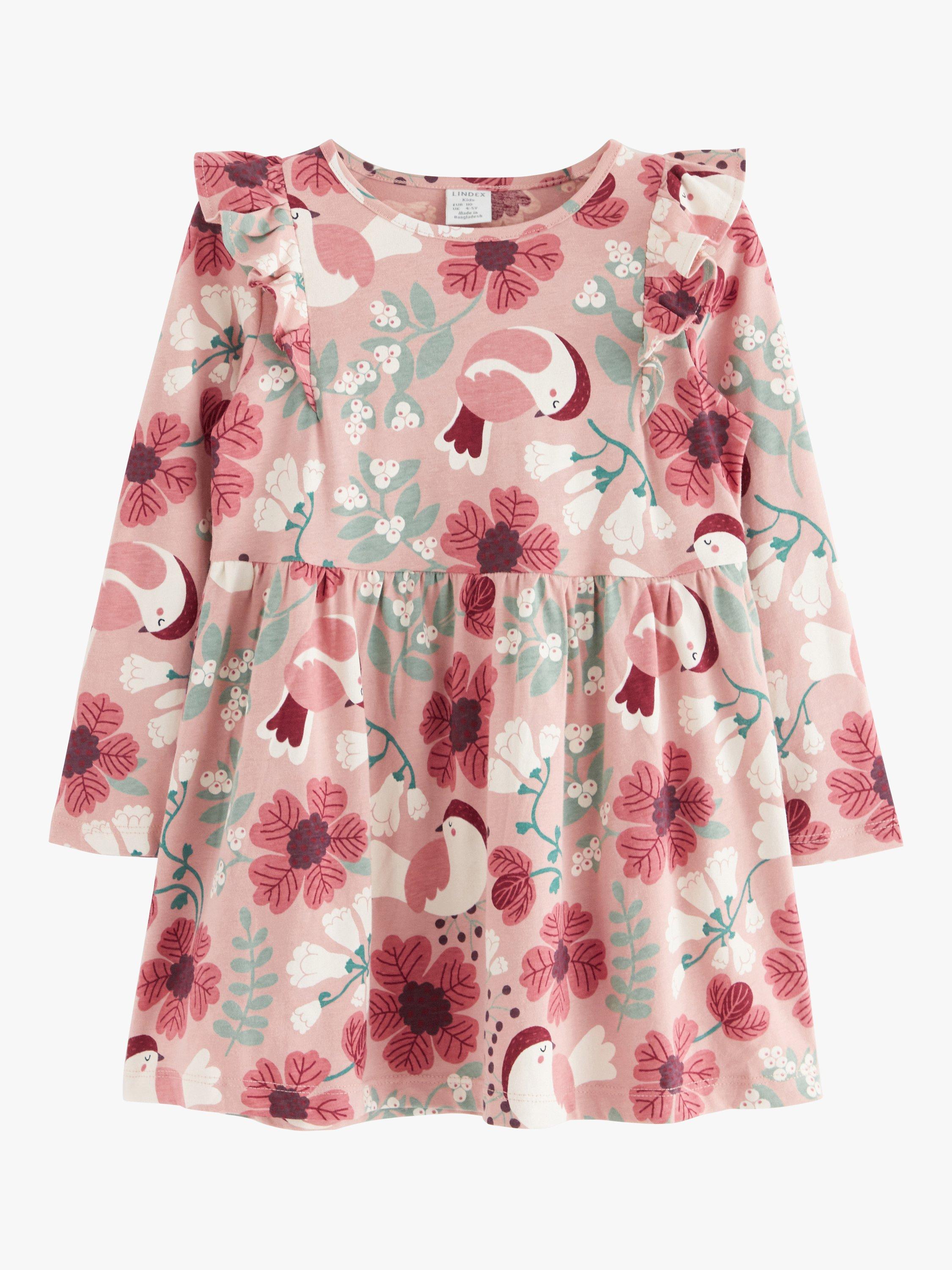 Lindex Kids' Bird Print Long Frill Sleeve Top, Pink