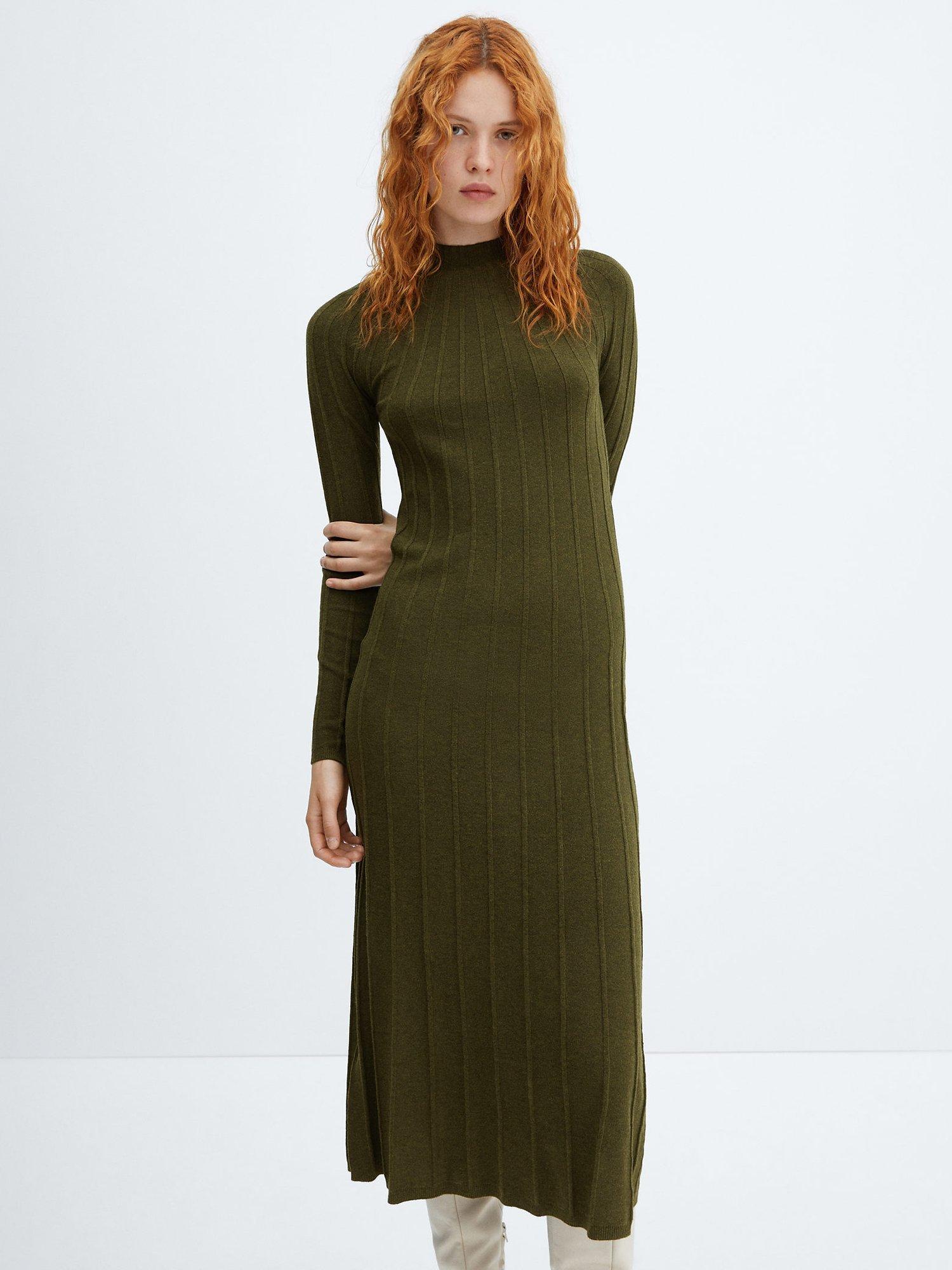 Mango Flurry Ribbed Dress, Beige/Khaki