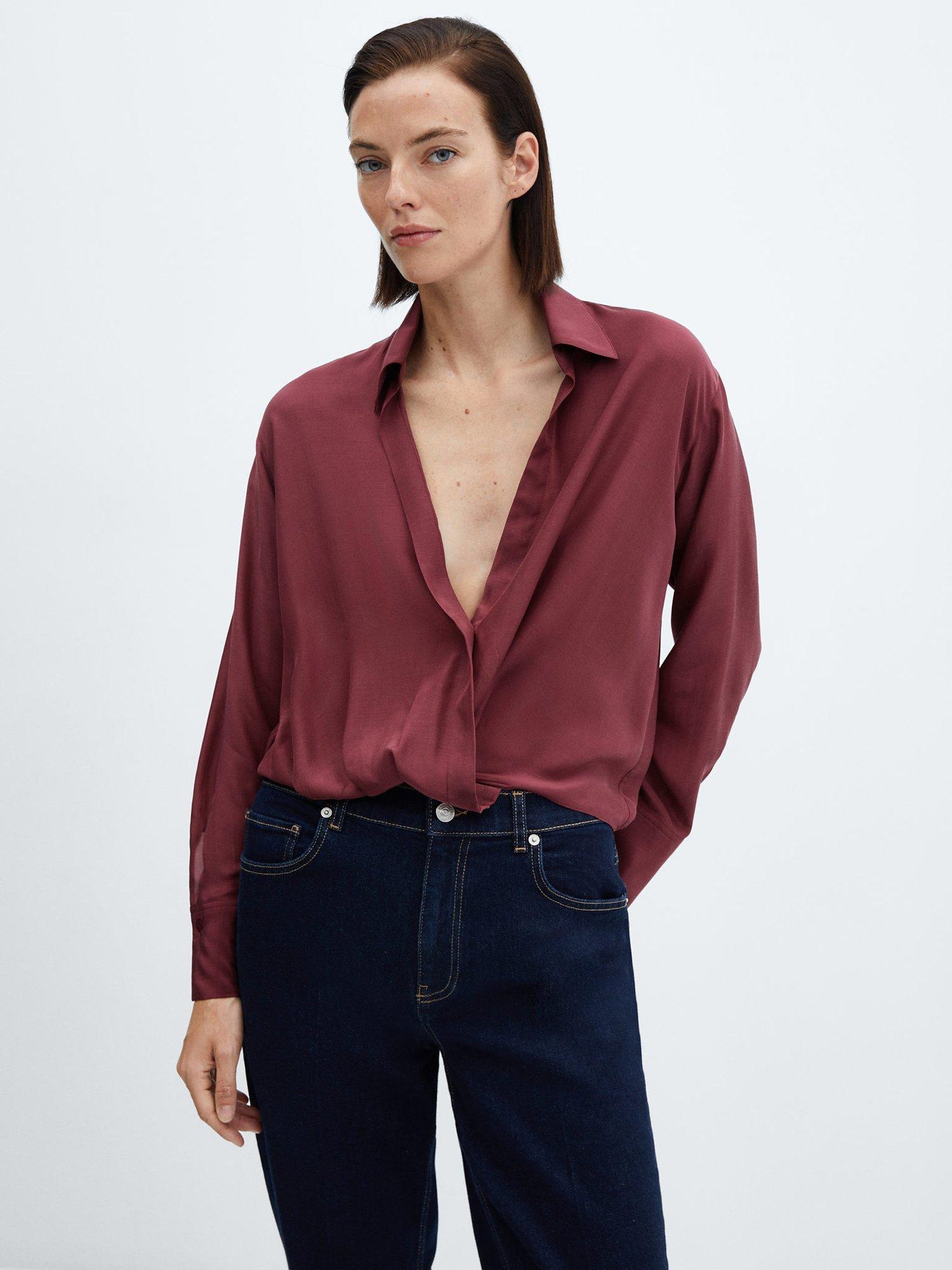 Mango Teo Plunge Neck Satin Blouse, Dark Red