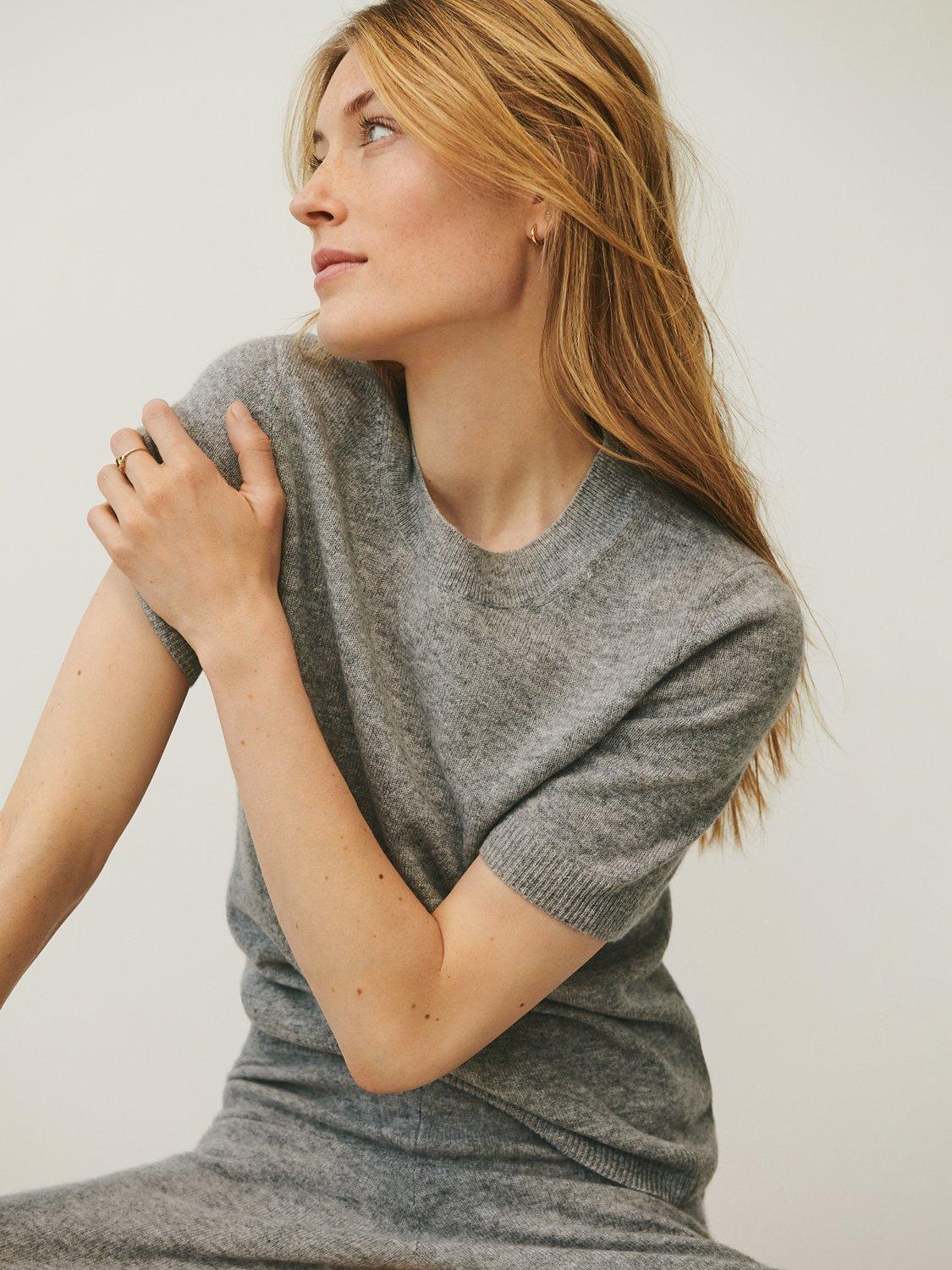 Product image 1 of 4, which shows Part Two Everlotta Short Sleeve Cashmere Top, Grey Melange, S