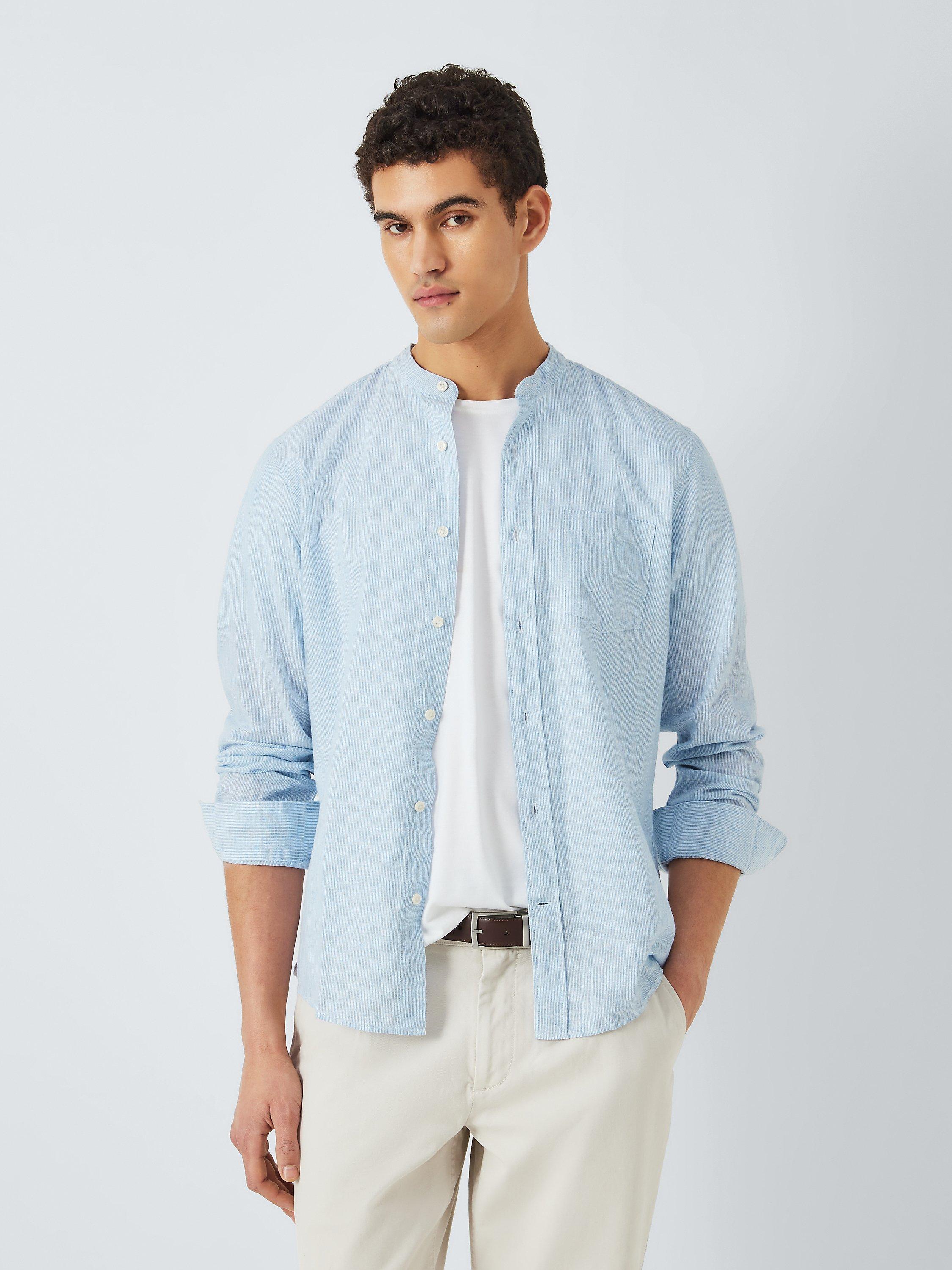 John Lewis Linen Blend Grandad Collar Shirt, Blue