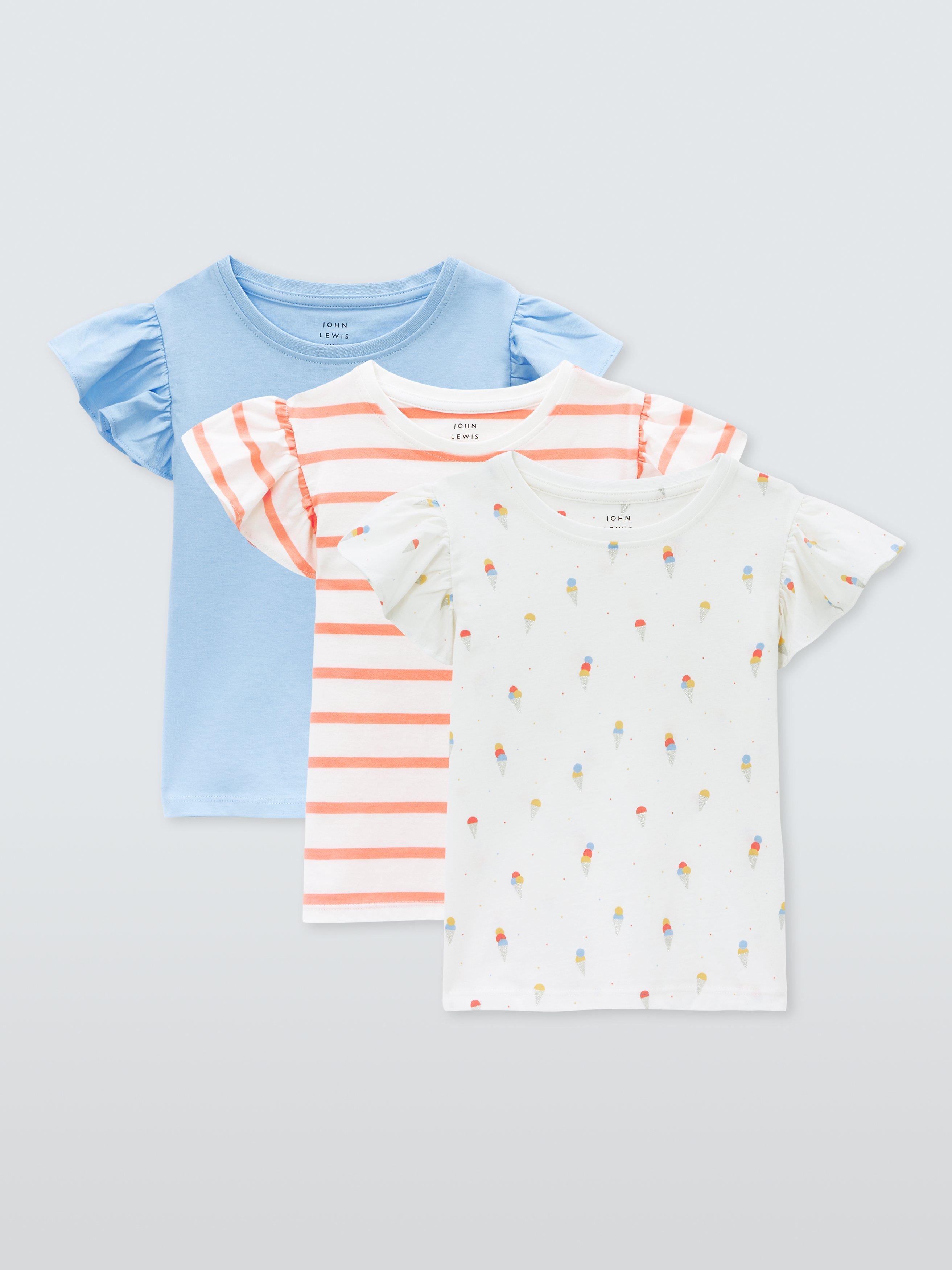 John Lewis Kids' Plain/Stripe/Ice Cream Frill Sleeve T-Shirts, Pack of 3, Multi