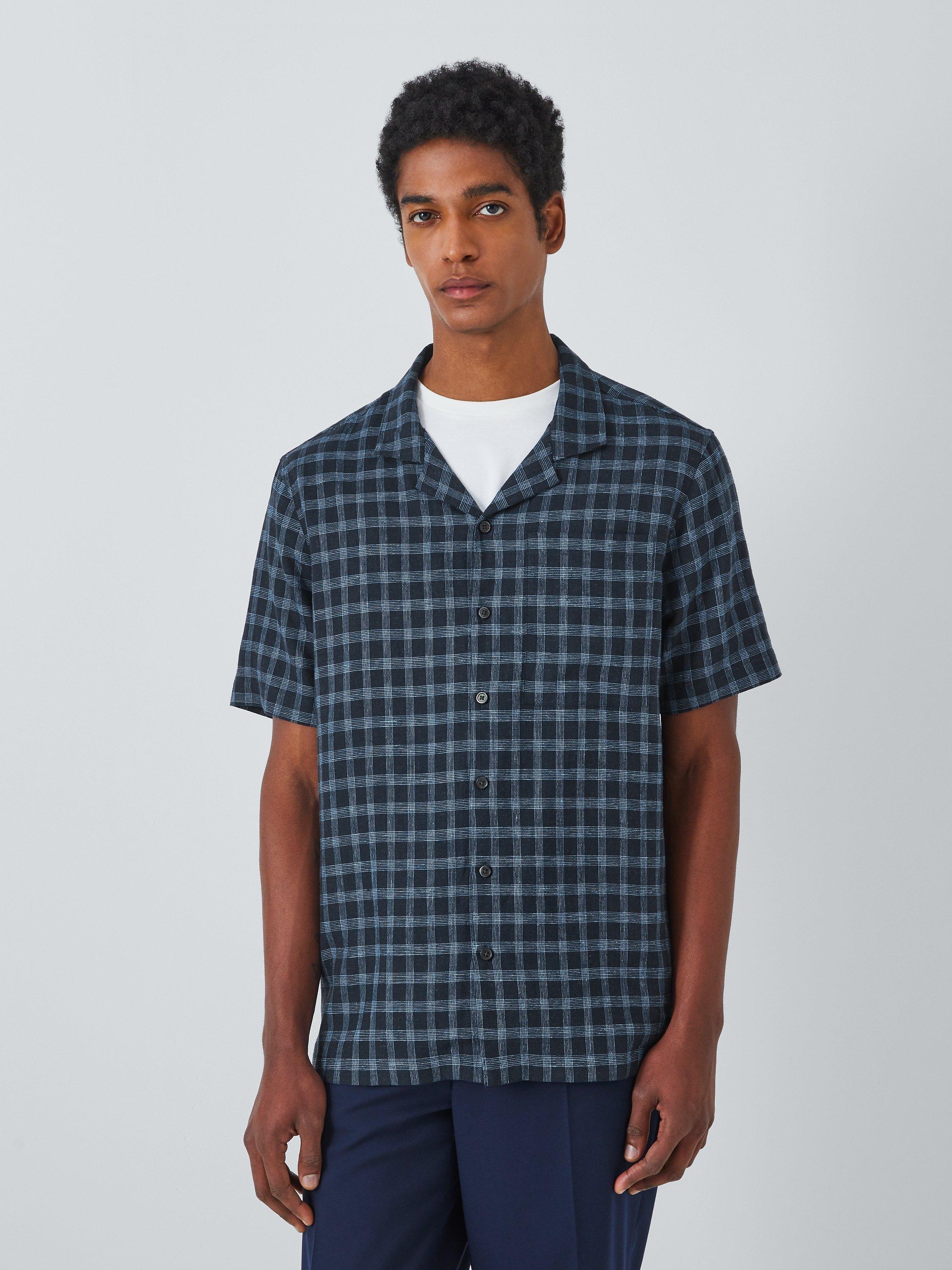 Kin Linen Blend Short Sleeve Check Revere Collar Shirt, Navy